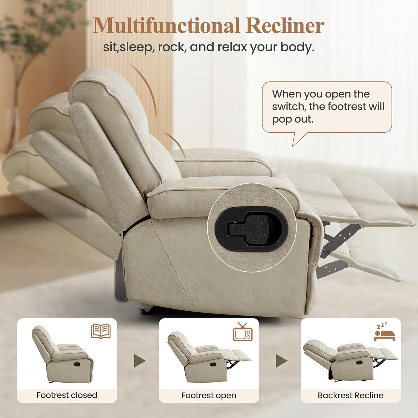 Nursery Rocking Chairs,Velvet Rocker Recliner Nursing Chair,Oversized Nursery Recliner Glider Chair with Extra Wide Footrest for Breastfeeding,Beige