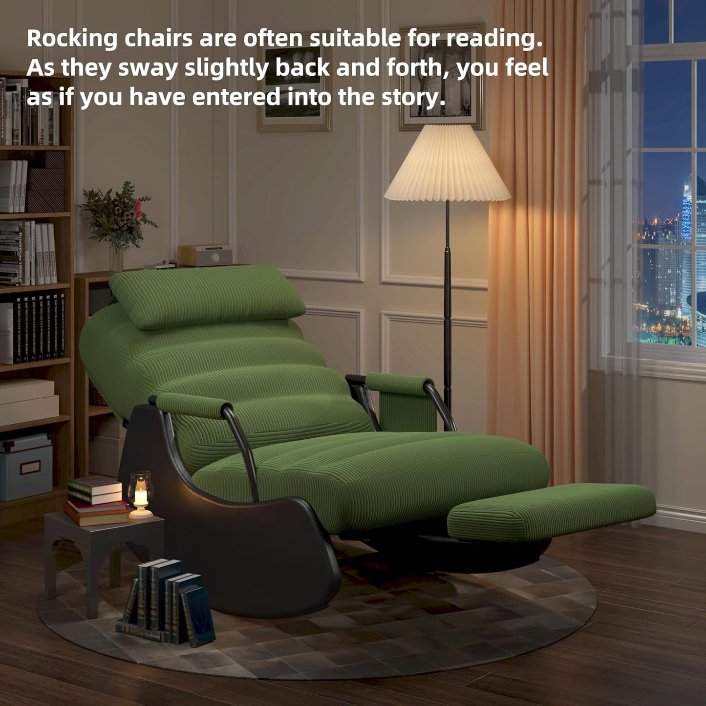 Polar Aurora Nursery Rocking Chairs with Soft Seat and Headrest,Corduroy Fabric Accent Chair with Side Pocket,Glider Rocking Chair for Bedroom/Living Room/Nursery. (Green/Black)