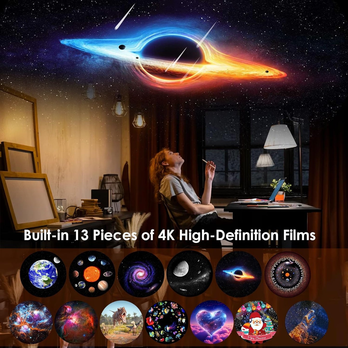 Galaxy Projector for Bedroom,Planetarium Star Projector with 4K Replaceable 13 Galaxy Discs,HD Image Large Projection Area,Starry Sky Night Light for Kids Adults Ceiling Home Theater Living Room Decor