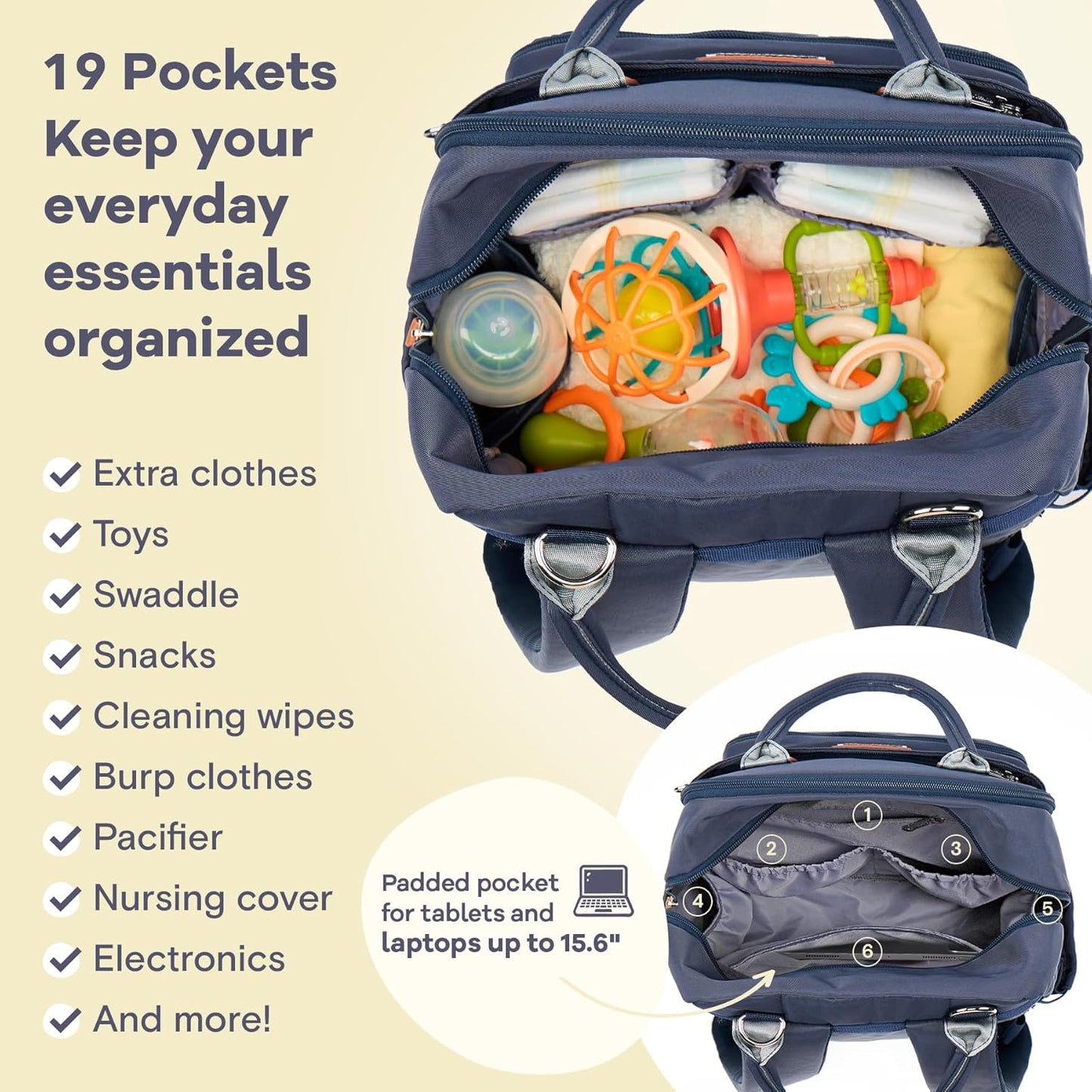 RUVALINO Diaper Bag Backpack, Multifunction Travel Back Pack Maternity Baby Changing Bags, Diaper Changing Totes, Waterproof and Stylish, Navy Blue