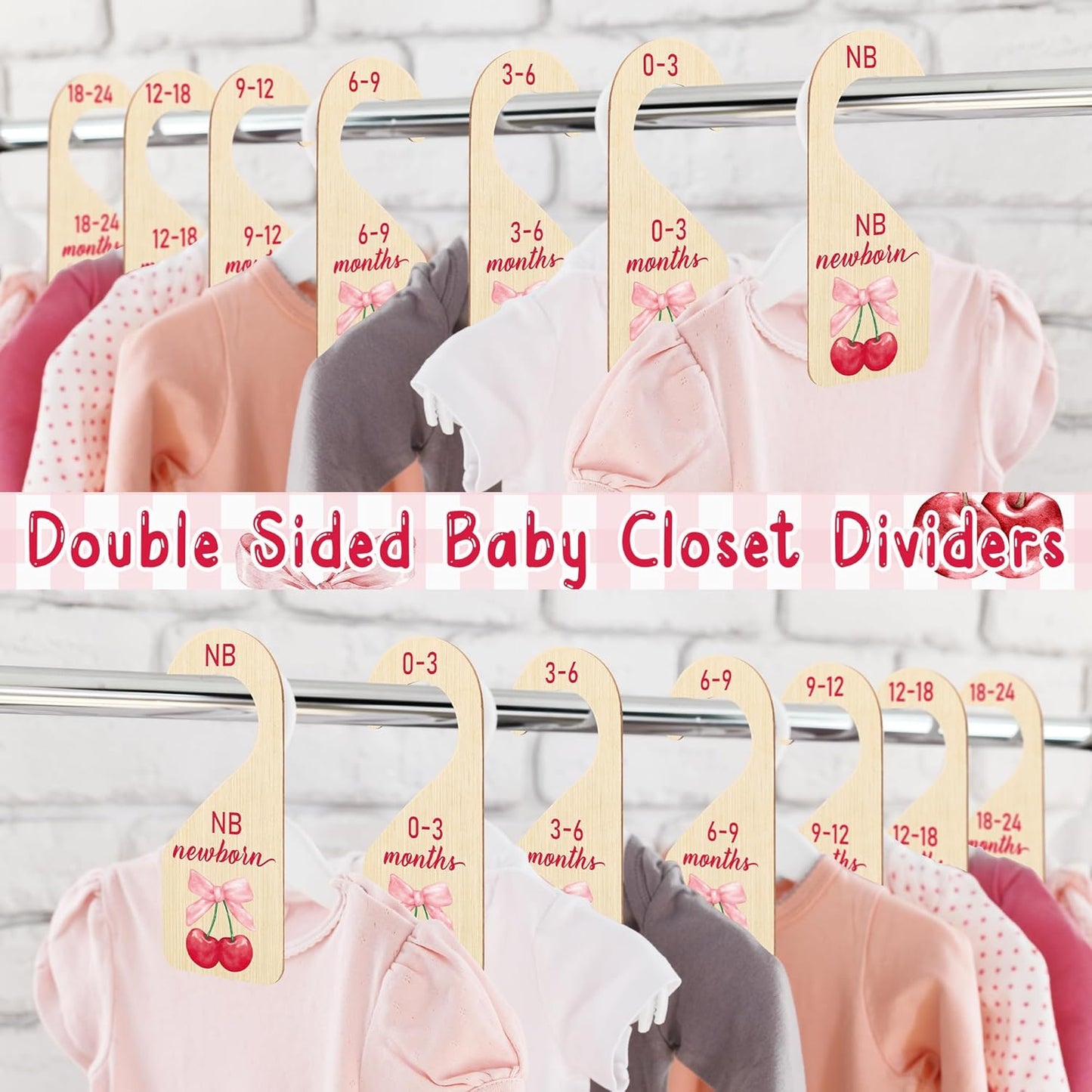 R HORSE Wooden Baby Closet Dividers - 8Pcs Double-Sided Cherry Pink Bow Baby Closet Organizer Newborn Clothes Size Hanger Dividers Nursery Decor Baby Shower Birthday Gift for Boy Girl (0-24 Months)
