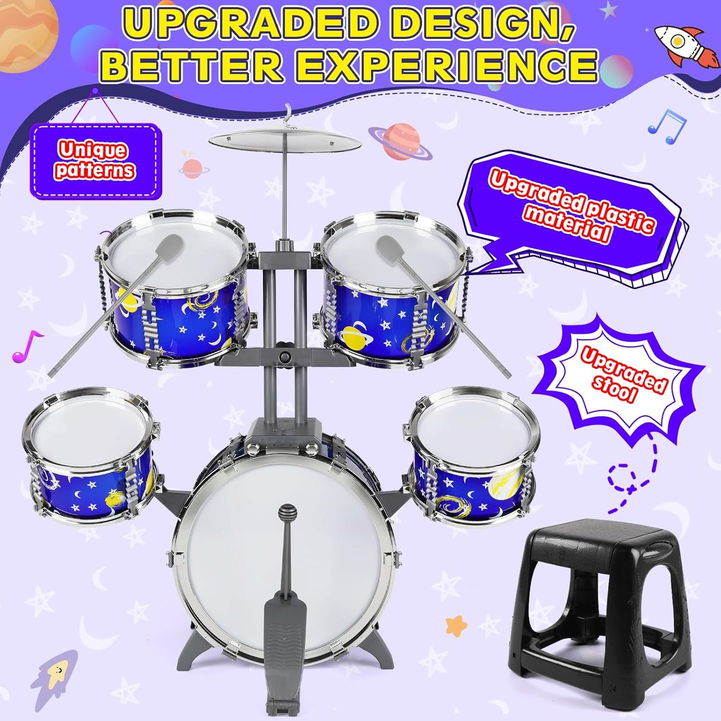 M SANMERSEN Upgraded Kids Jazz Drum Set Toddler Toy Drum Set with Stool, Plastic Rock Jazz Drum Kit Musical Toys Gift for Boys Girls 1-3 3-5