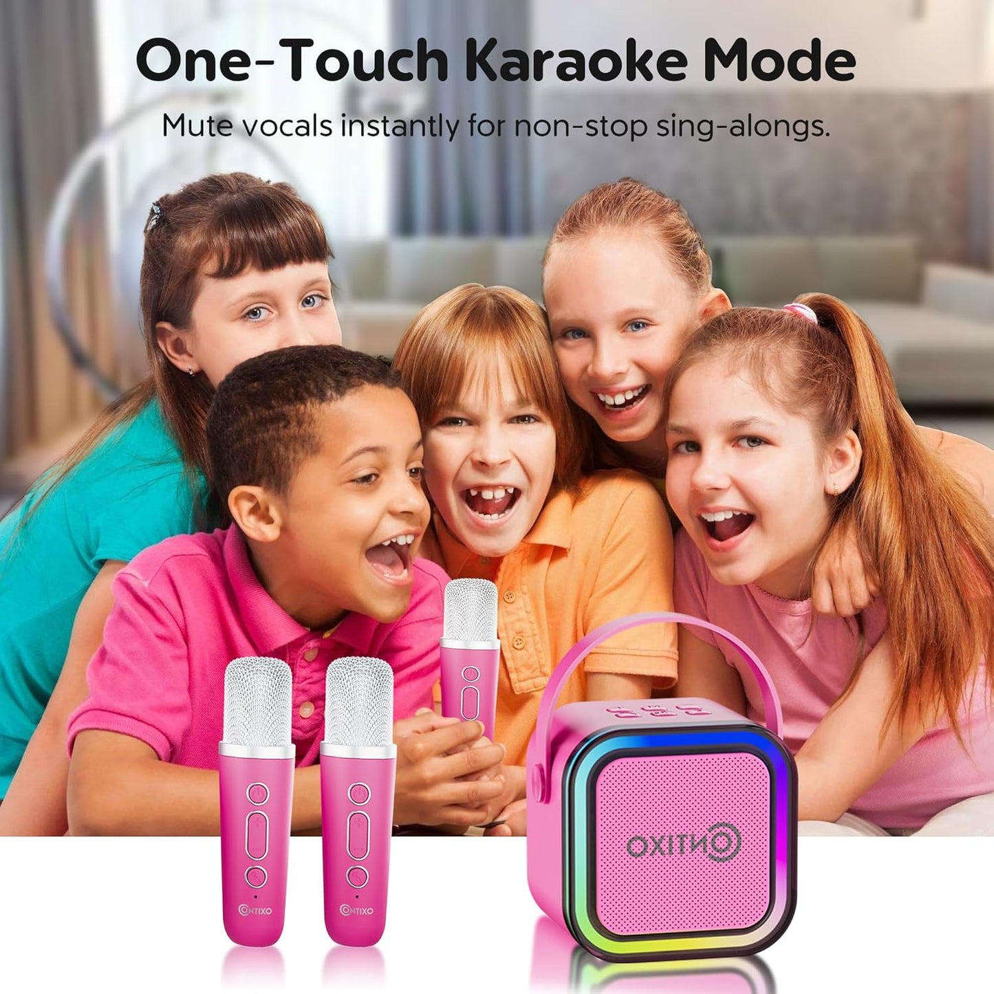 Contixo KS1A Kids Mini Karaoke Machine with LED Lights, 7–10H Playback, Dual Wireless Mics, Magic Voice Effects, Bluetooth Speaker for Children, Portable Singing Toy Gift for Boys & Girls, Pink