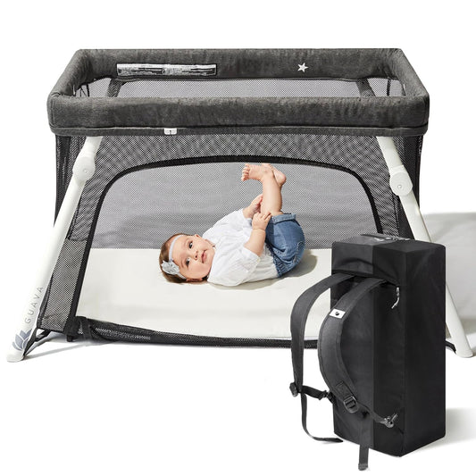 Guava Family Travel Crib includes Lightweight Backpack Design | Certified Baby Safe Portable Crib | Folding Play Yard, Comfy Mattress for Babies, Toddlers | Compact Baby Travel Bed