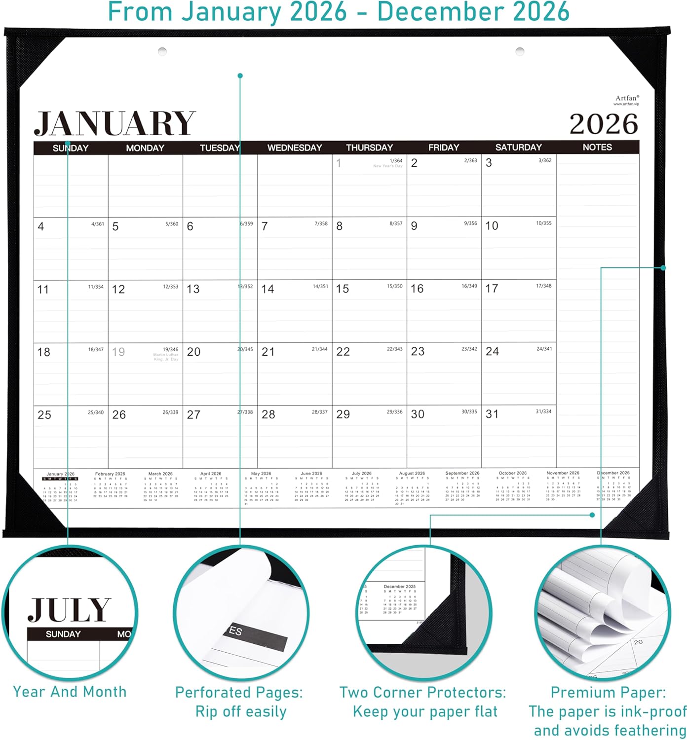 2026 Desk Calendar - 12 Months Large Desk Calendar 2026, Jan.2026 - Dec.2026, 22" x 17", 2026 calendar Desk with Large Ruled Blocks, To-do List & Notes