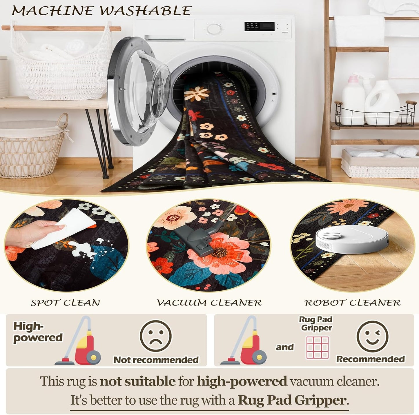 Floral 3x5 Area Rug Machine Washable Soft Print Boho Carpet Non Slip Doormat Low Pile Flower Area Rugs for Living Room Bedroom Nursery Kitchen Dining Room Indoor-Black