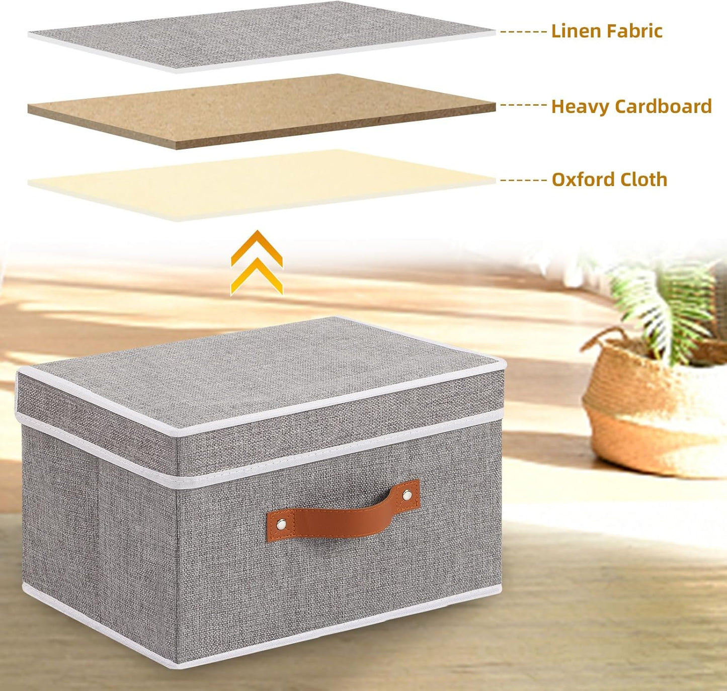 Fabric Storage Bins with Lids, Linen Foldable Clothes Boxes, Closet Organizer Containers with Double Handles, Baskets for Bedroom, Grey, 1 Pack, 13 x 9.1 x 7.9 Inch