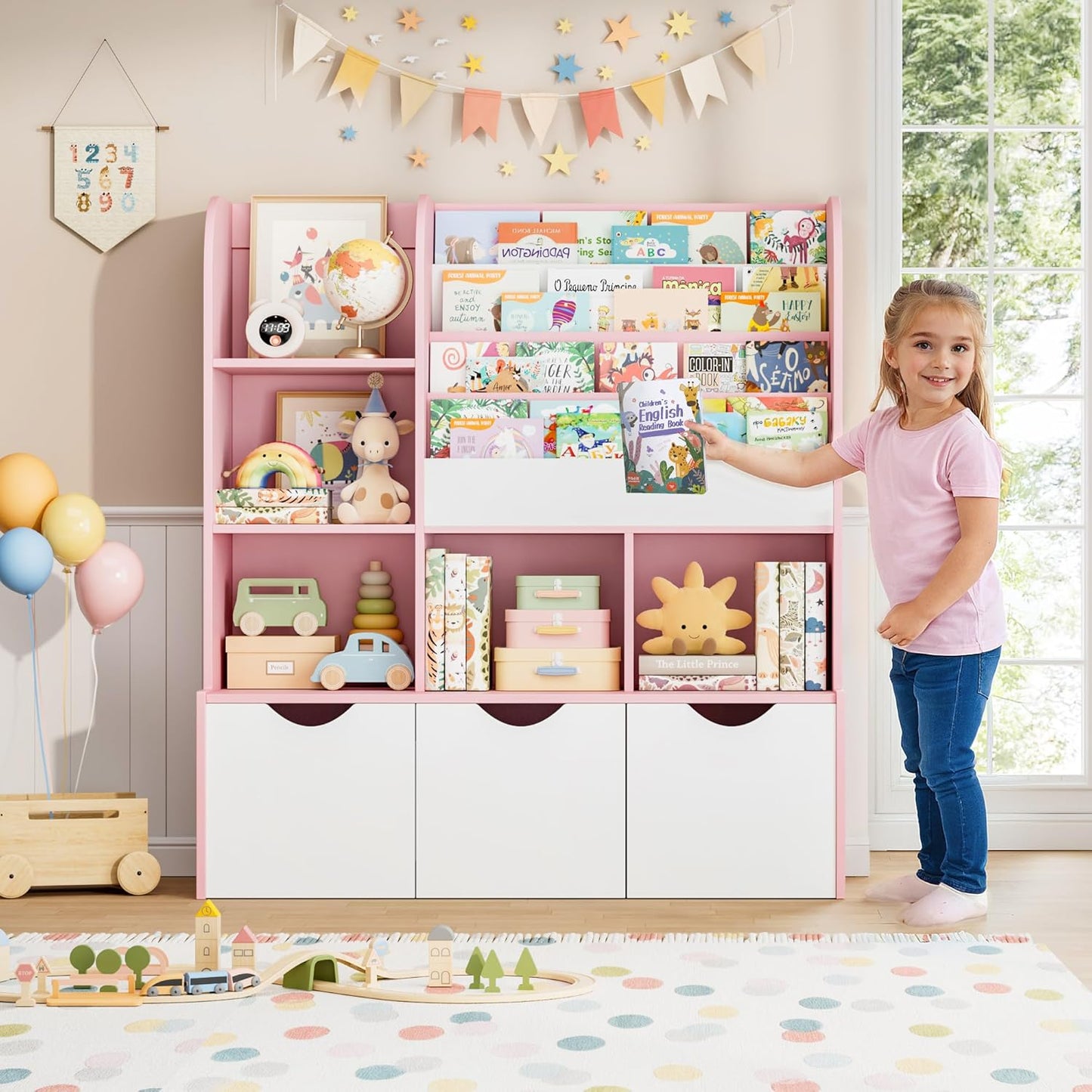 FOTOSOK 47'' Kids Bookcase and Bookshelf, Multifunctional Bookcase with 5 Storage Cubbies and 3 Movable Drawers, Toy Storager Display Stand, Toy Storage Organizer for Bedroom, Playroom, Hallway, Pink