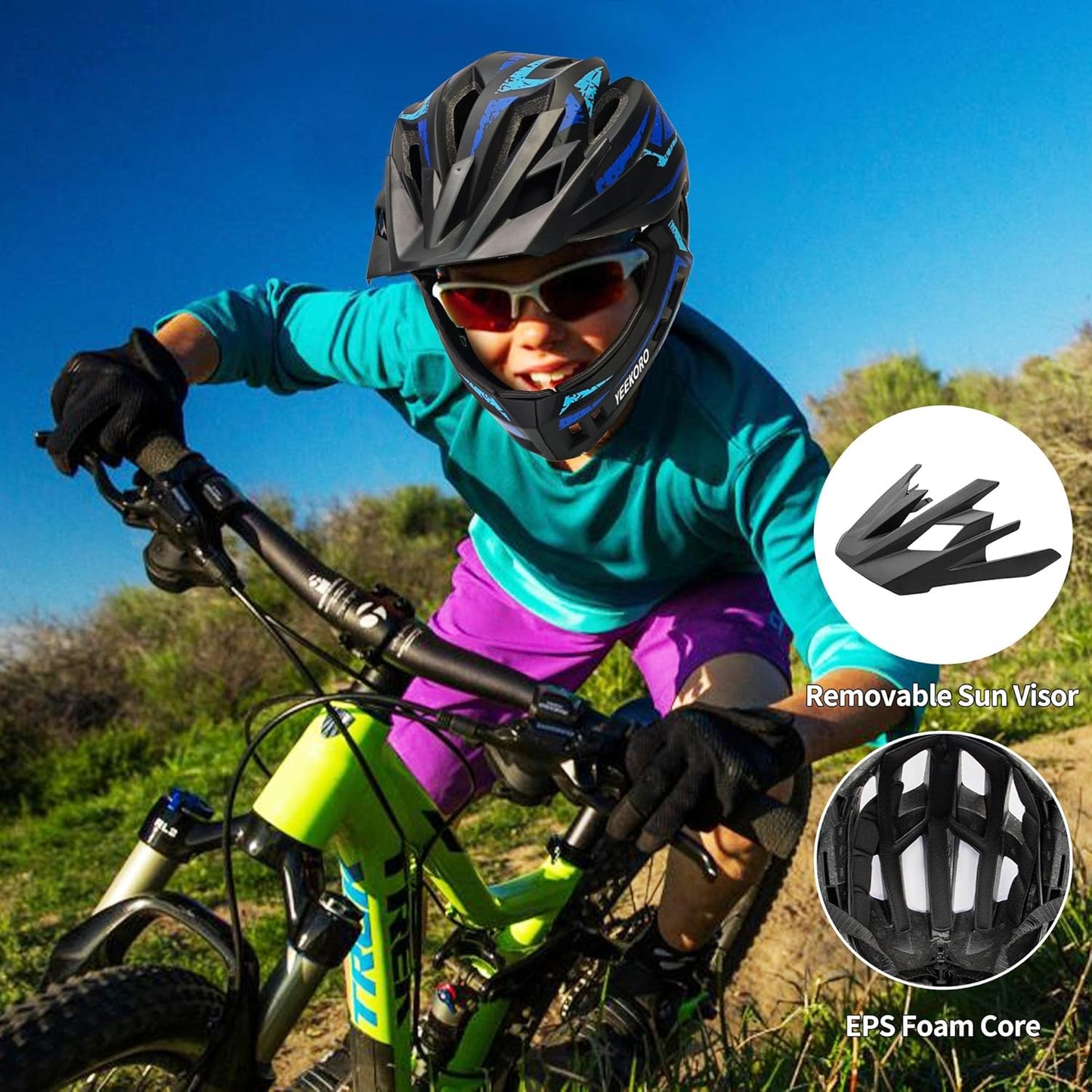 Kids Bike Helmet with Chin Guard, Adjustable Detachable Children’s Full Face Helmet for Girls and Boys, Cycling Helmets Skateboard, Scooter