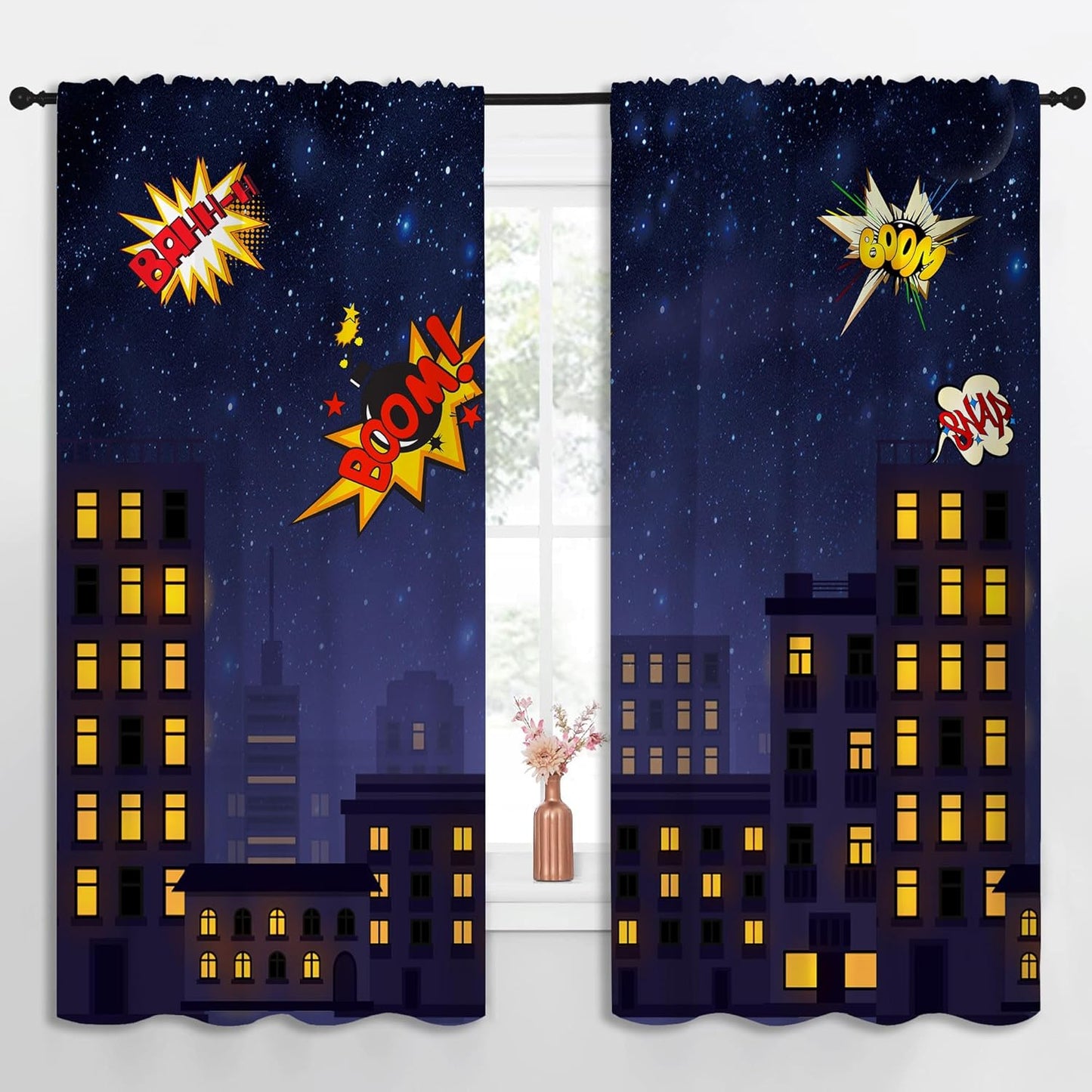 Super Hero Rod Pocket Blackout Curtains for Boy Girl Bedroom, Exploding City Starry Cartoon Skyline Home Energy Efficient Light Filtering Window Curtain for Living Room, 63x63 inch