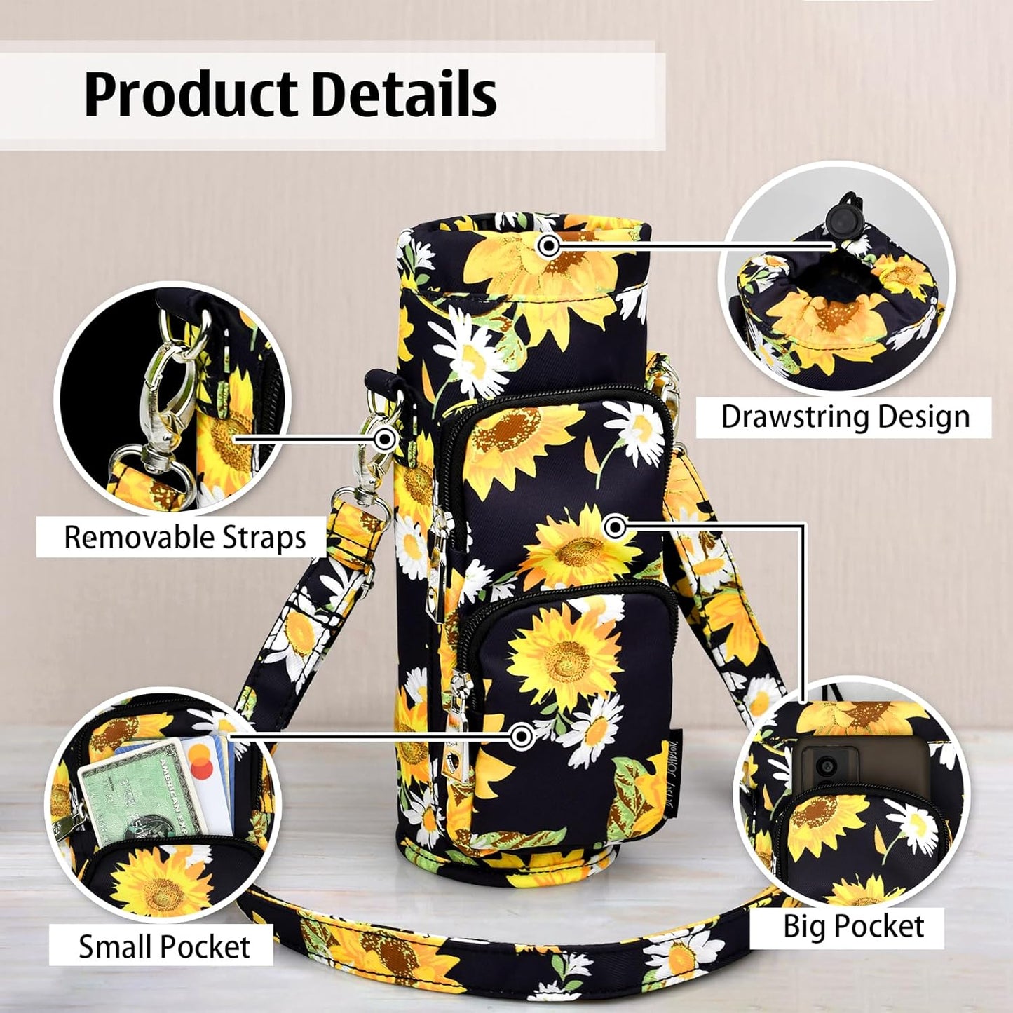 Betsey Johnson Insulated Water Bottle Pouch Holder Carrier Crossbag with Adjustable Shoulder Strap - Lightweight Polyester Accessories with Pockets Good for Hiking Sports