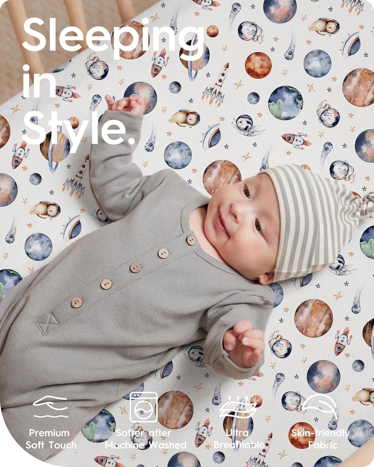 Graco Pack and Play Sheets Fitted, TotBasic Ultra Soft Mini Crib Sheets Boy, Neutral Pack N Play Mattress Sheets Hypoallergenic and Soothing, Premium Jersey Playrad Sheets, 2 Pack(Space Explorer)