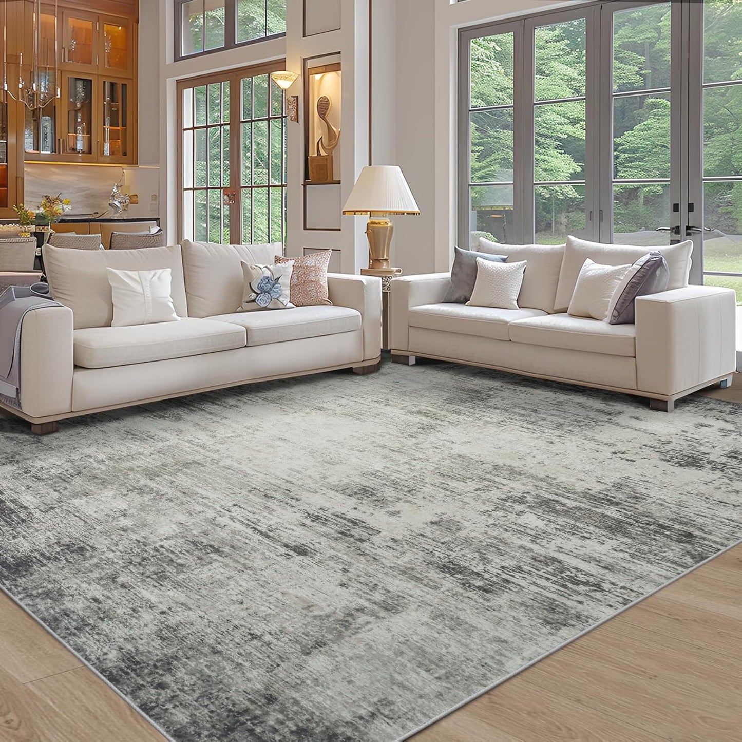 Washable Rug 6x9 Area Rugs, Abstract Washable Rugs with Non-Slip Backing, Stain Resistant Indoor Floor Carpet for Bedroom Dining Room Table Nursery Hallway Home Office-Black/Gray