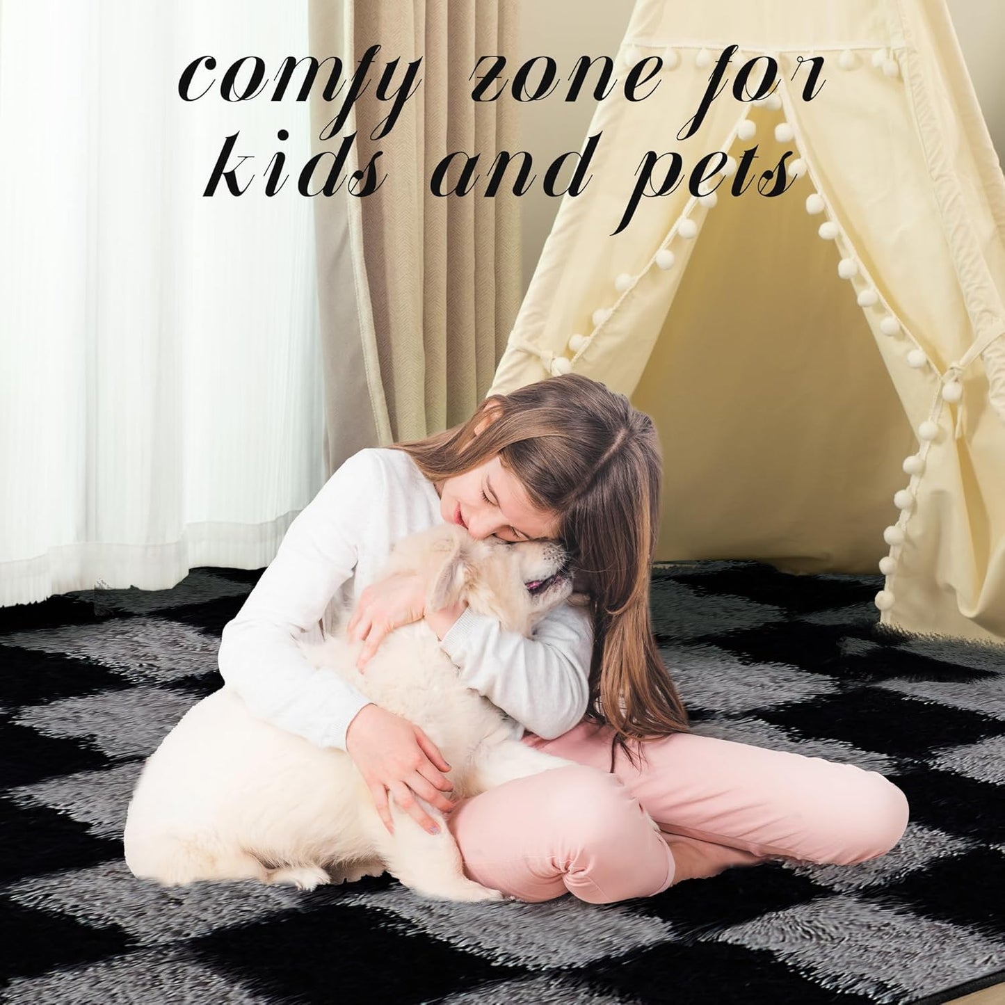 Super Soft Rug for Bedroom, 5x7 Ft Grey and Black Area Rug Classic Checkered Shaggy Rug Anti-Skid High Pile Soft Fluffy Fuzzy Carpet for Living Room Bedroom Kids Room Nursery, Dorm Home Decor