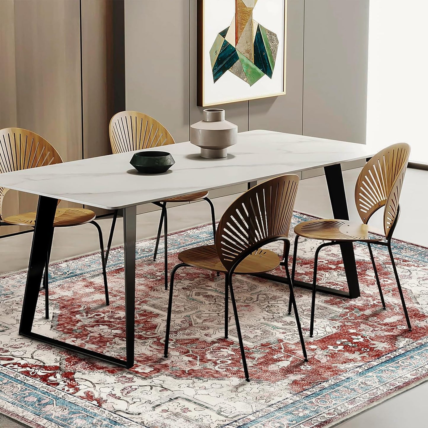 Washable Area Rug 8'x10' Red Blue Retro Boho Design Non-Shedding Non-Slip Easy Care Ideal for High Traffic Areas in Living Room Bedroom Office Coffee Table Kitchen Large Carpet