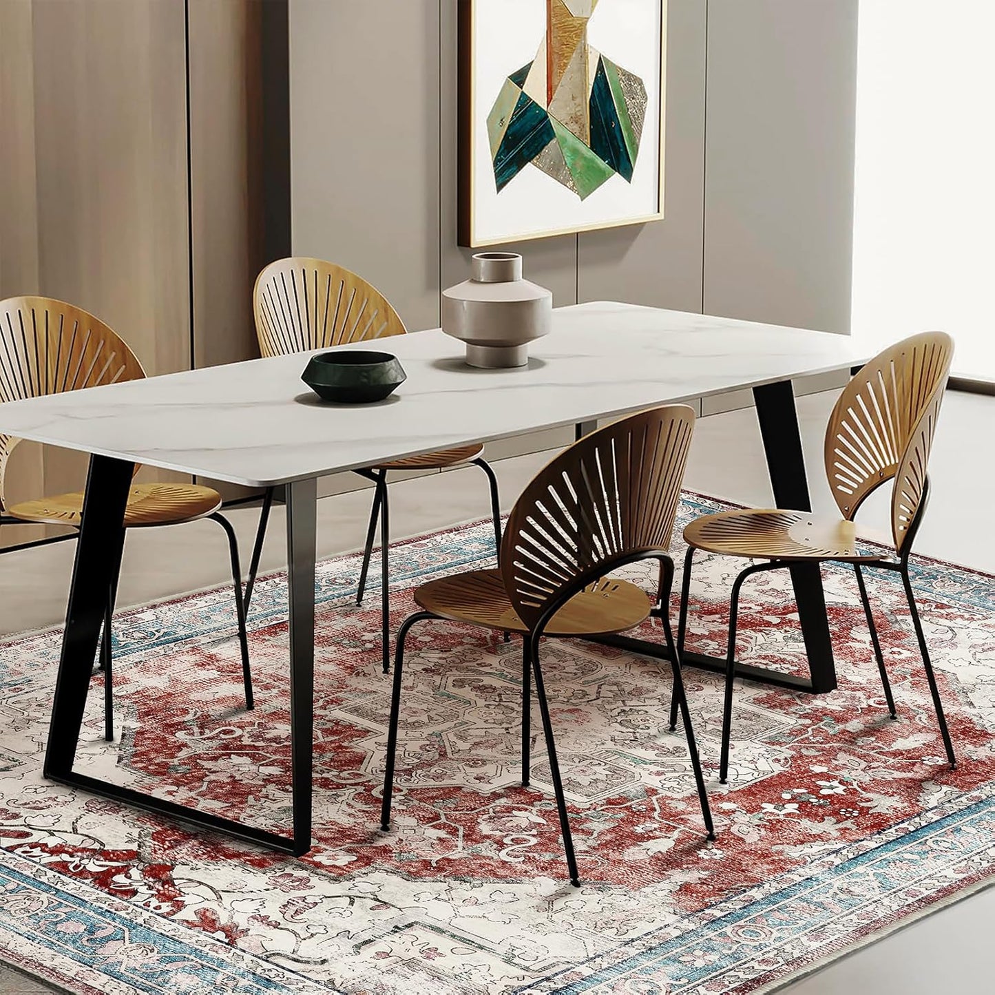 Washable Area Rug 9'x12' Red Blue Retro Flowers Boho Design Non-Shedding Easy Care Ideal for High Traffic Areas in Living Room Bedroom Office Coffee Table Kitchen Large Carpet