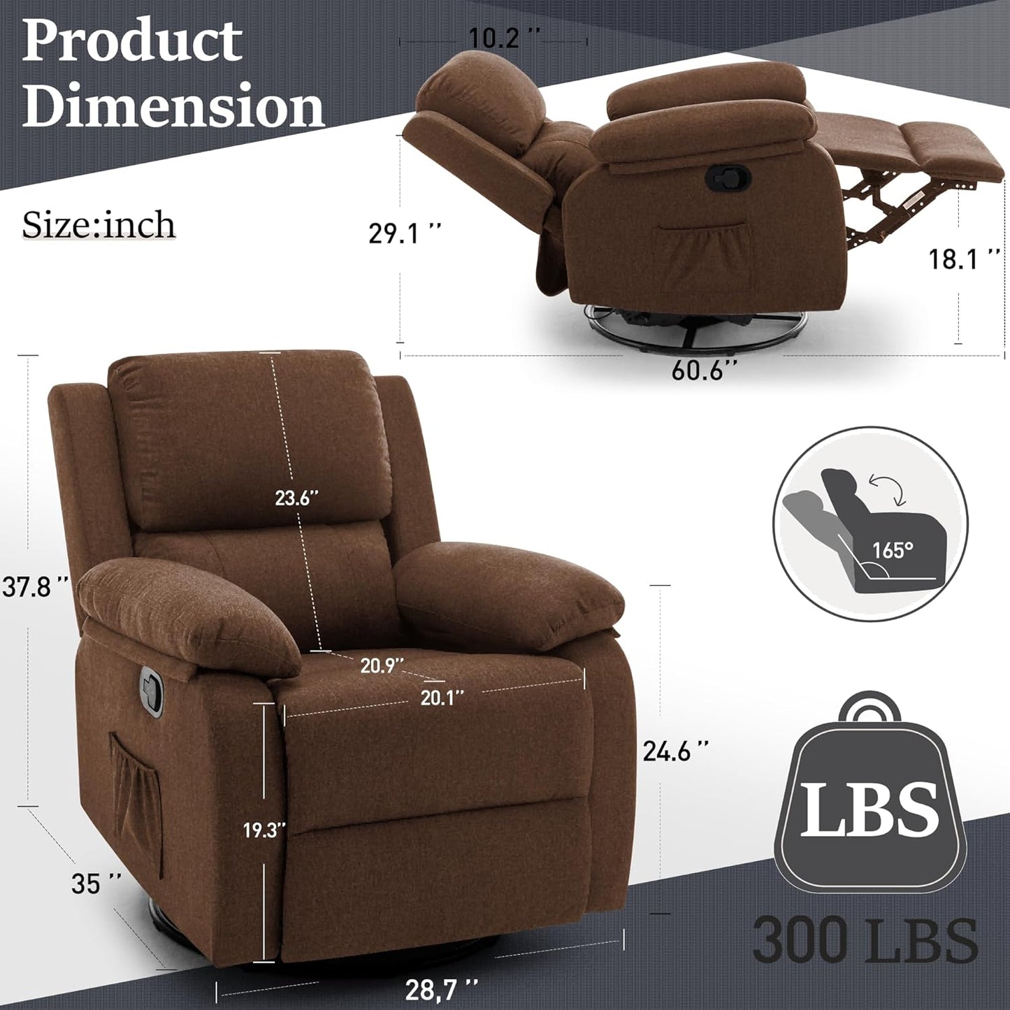 Recliner Chair, 360 Swivel Rocker Chair for Adults, Small Rocking Recliner Chair for Small Spaces, Upholstered Fabric Glider Recliner Nursery Chair with Side Pockets for Nursery, Living Room