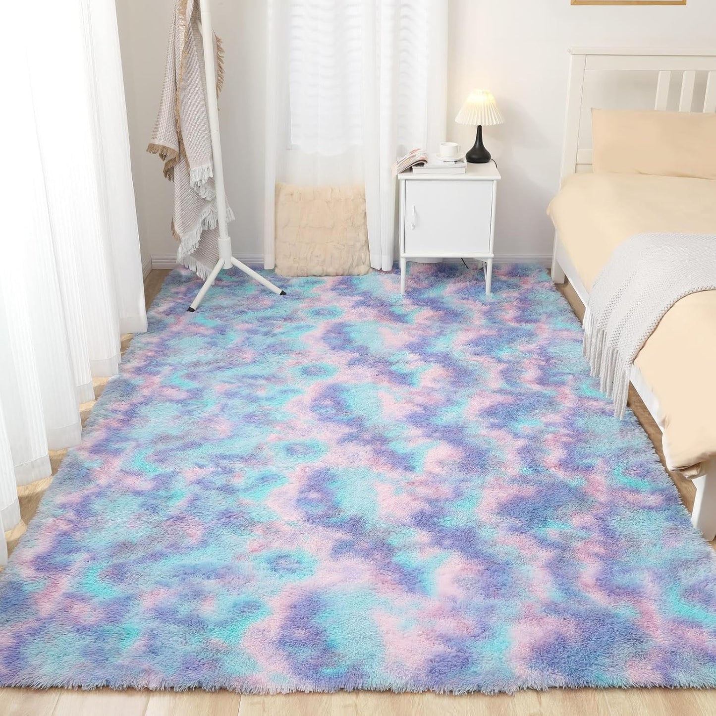 Rainbow Rug for Girls Room, 5x7 Fluffy Area Rugs for Bedroom, Colorful Kids Rug Cute Anti-Skid Indoor Carpet for Nursery, Living Room, Playroom, Home Decor