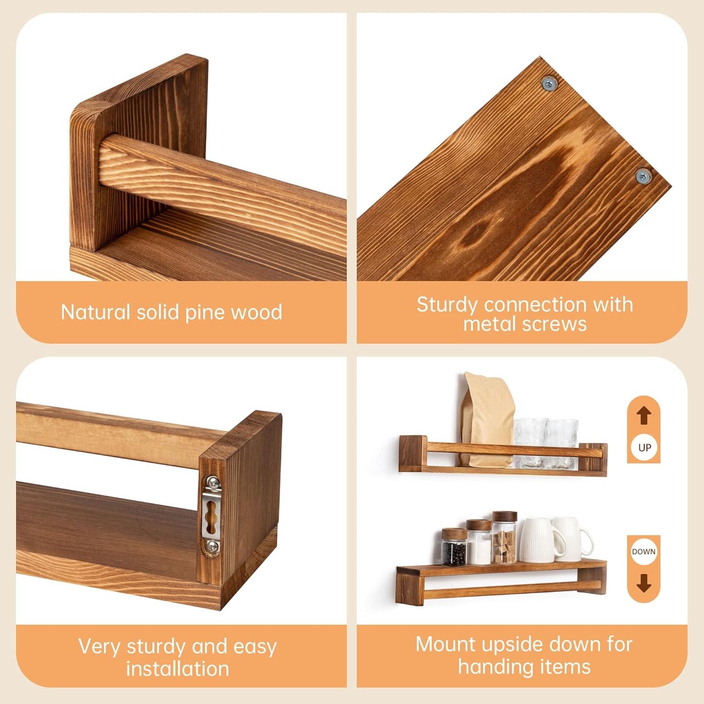 Fun Memories Nursery Book Shelves - Rustic Natural Solid Wood Floating Bookshelf for Kids - Wall Book Shelves for Kids Room (Carbonized, 24inch - 4P)