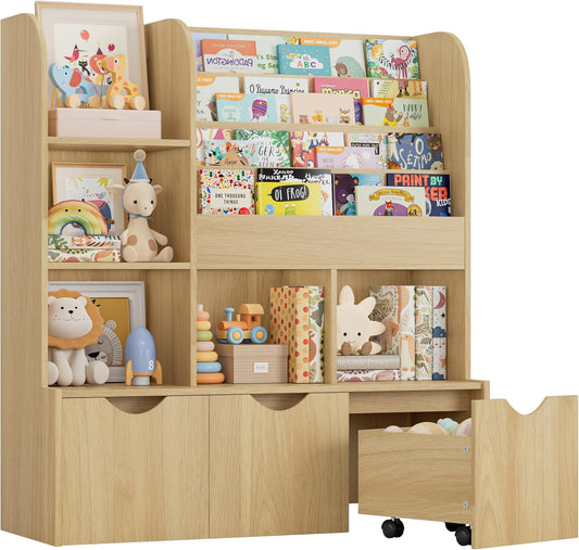 FOTOSOK 47'' Kids Bookshelf with Toy Storage, Multifunctional Bookcase with 5 Storage Cubbies and 3 Movable Drawers, Toy Storager Display Stand, Toy Organizer and Storage for Playroom,Bedroom, Natural