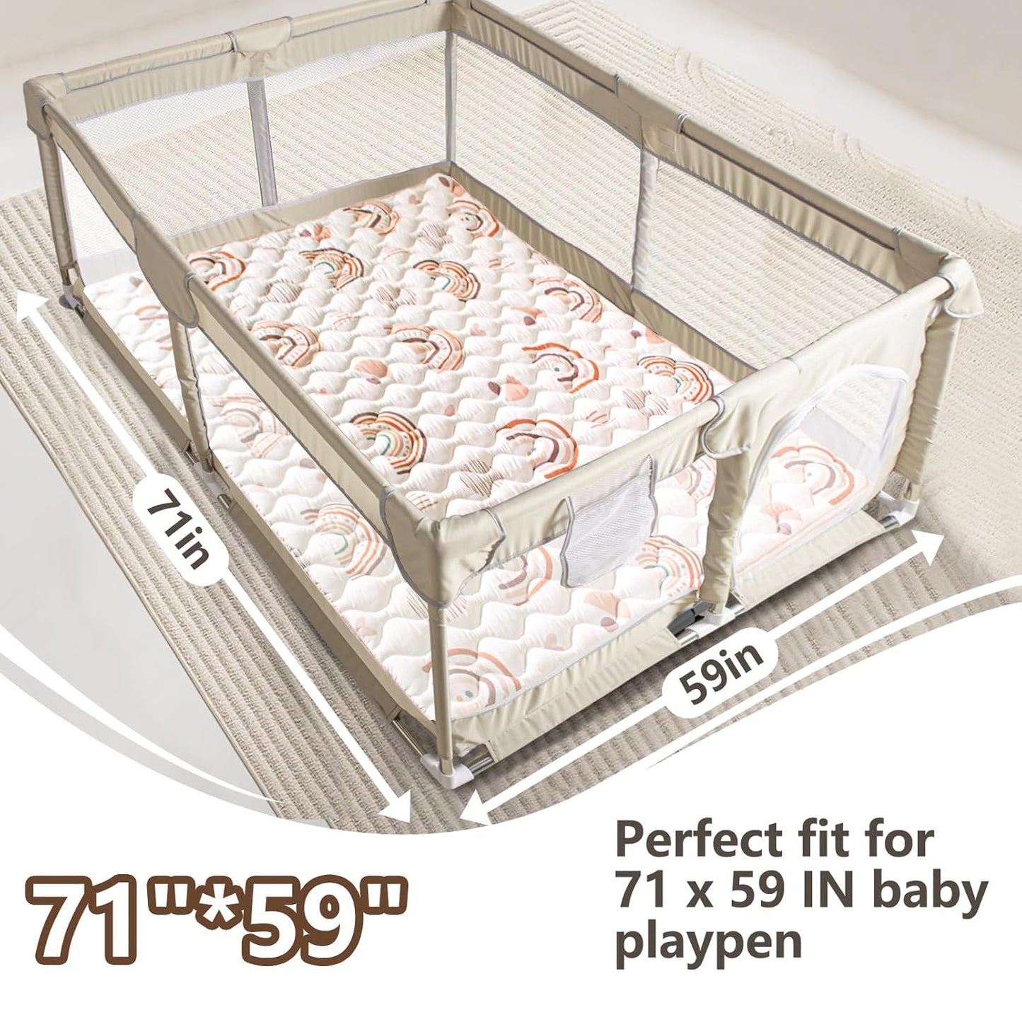 Baby Play Mats for Floor, 71”x59” Upgraded Thickness & Larger Super Soft Playmat for Babies and Toddlers, Foldable Washable, Upgrade Anti-Slip Crawling Mat for Playpen(Boho Rainbow)