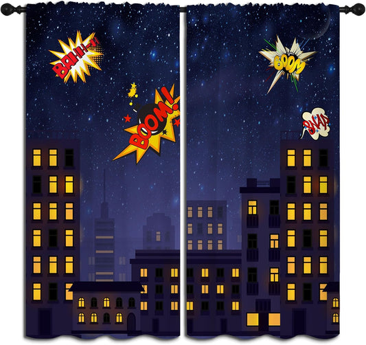 Super Hero Rod Pocket Blackout Curtains for Boy Girl Bedroom, Exploding City Starry Cartoon Skyline Home Energy Efficient Light Filtering Window Curtain for Living Room, 84x63 inch