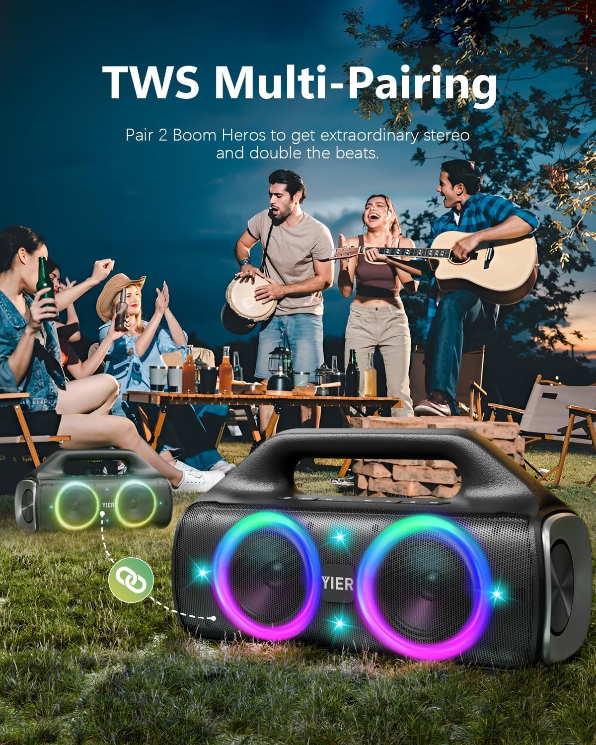 Speakers, 80w (Peak) Portable Wireless Speaker with Lights, Stereo Loud Sound, IP67 Waterproof, Deep Bass Outdoor Speakers Bluetooth 5.0 Dual Pairing for Home Party Beach Camping, Gifts