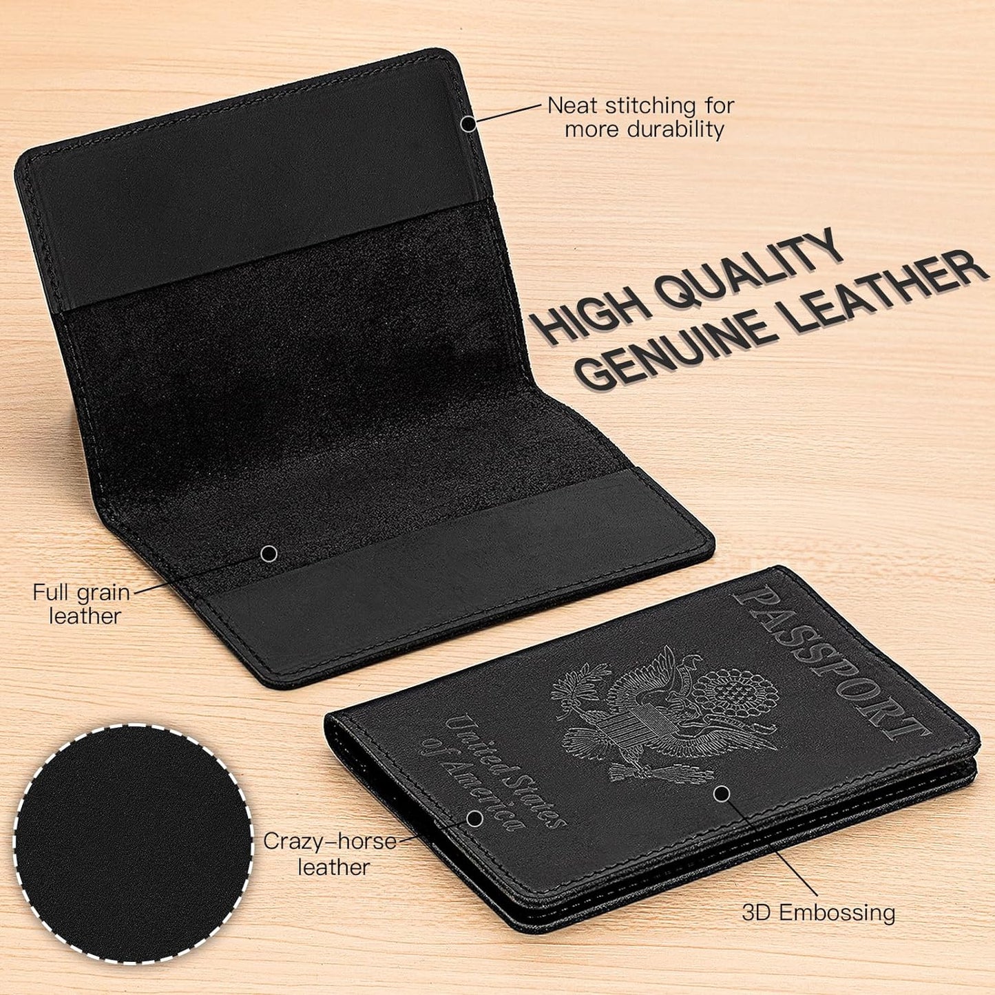 BIAOTIE Premium Leather Passport Holder Covers, Rfid Travel Wallet Passport Document Holder, Travel Essentials Wallet Cover Case for Men and Women (Black)