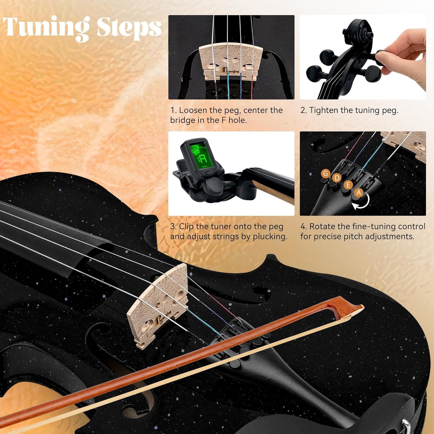 Poseidon Violin Set for Beginners Adult Student, 4/4 Violin Beginner w/Case, Extra Violin 4/4 Strings Set, Two Bows, Two Bridges, Two Rosins, Tuner, Manual - Black