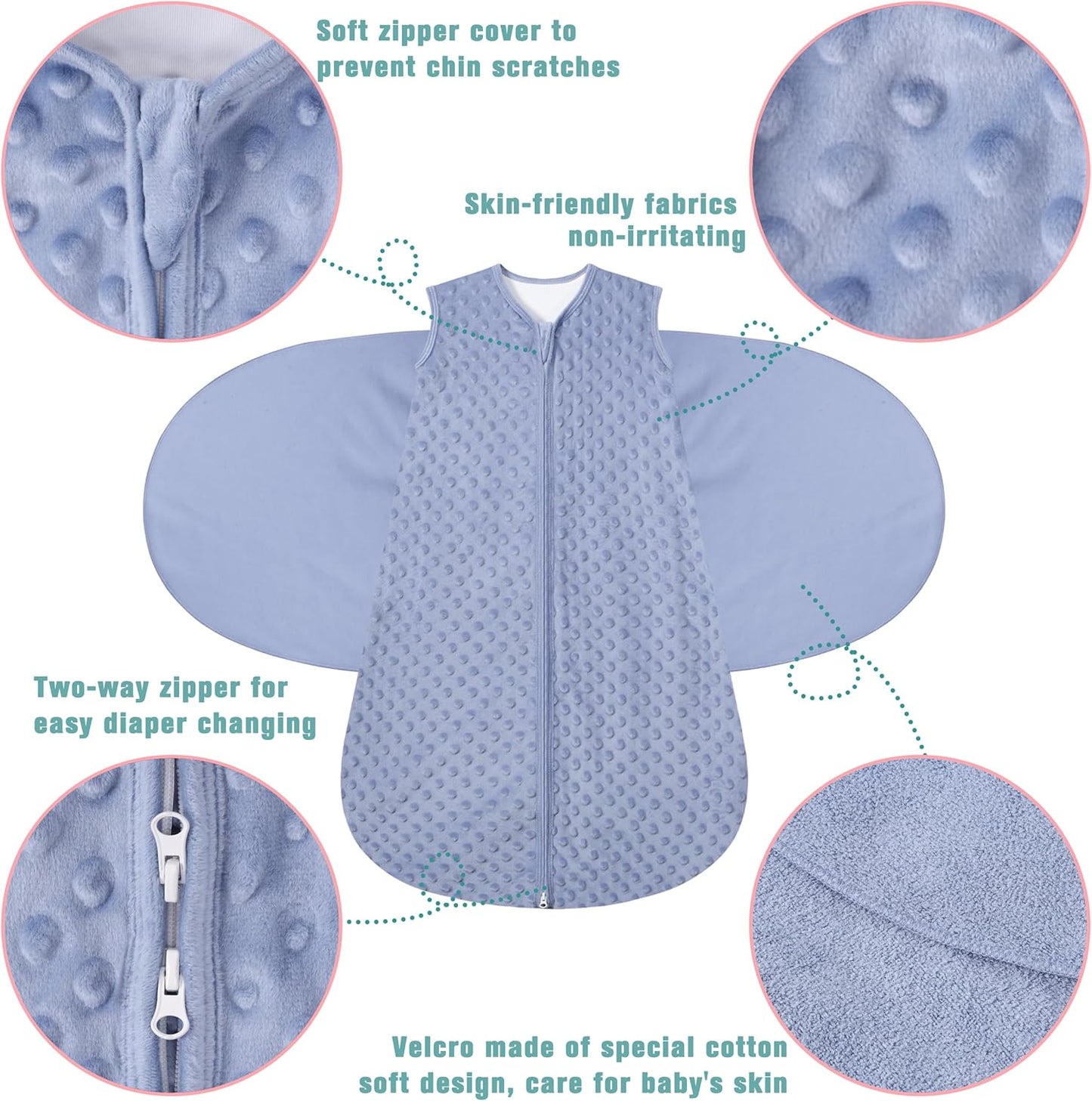 Fleece Newborn Sleep Sack Baby Swaddle,3-Way Adjustable Wearable Blanket,2 Pack Fleece Swaddling Sleeping Bag TOG 2.0， (Blue&Green, 0-3 Months)