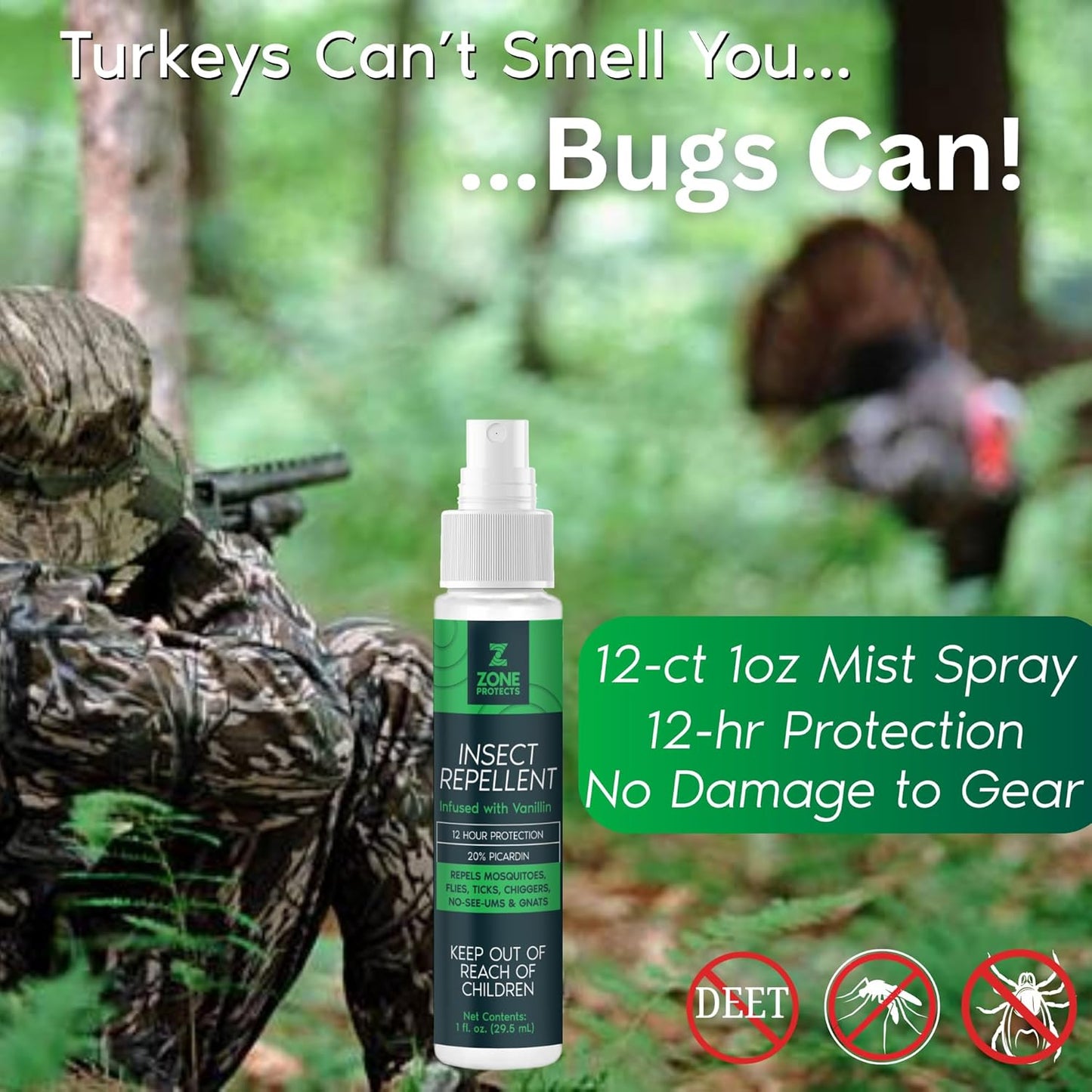 Scented Picaridin Insect Repellent; Twelve 1oz Mist Spray Bottles; 12-hr Proven Protection; Ticks, Mosquitoes, No-Seeums, Gnats and Chiggers