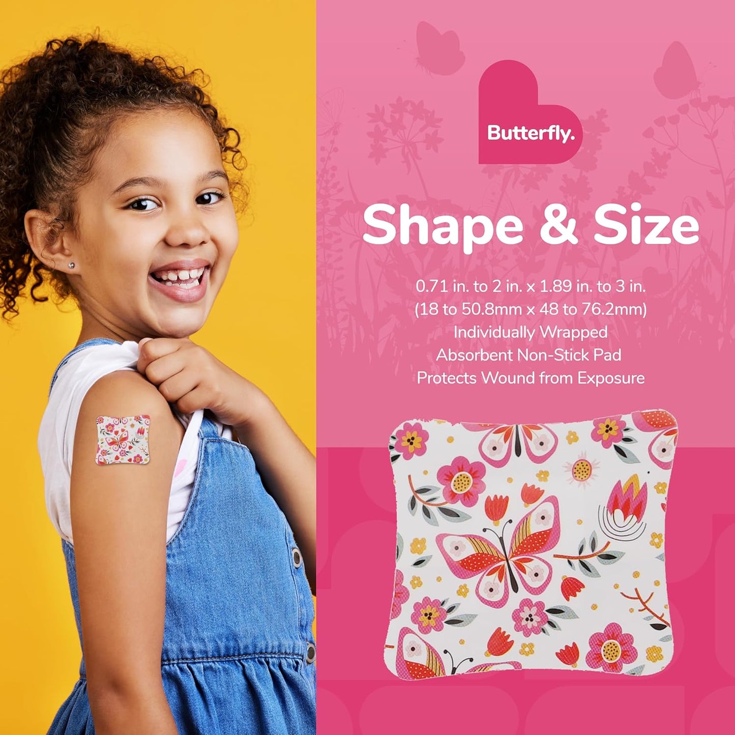 BioSwiss Bandages, Assorted Size Butterfly Print Self Adhesive Bandage, Latex Free Sterile Wound Care, First Aid Kit Supplies for Kids and Adults, 60 Count