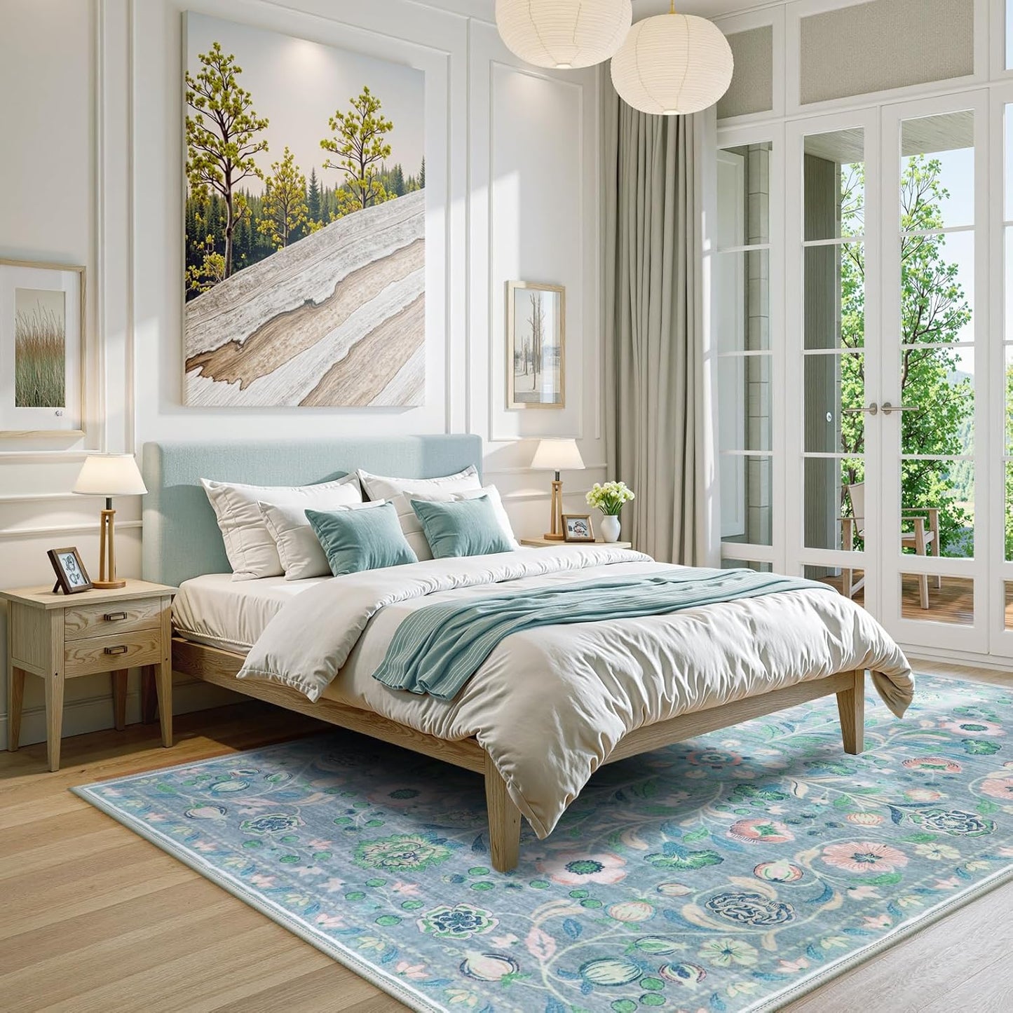 Anidaroel Blue Floral Rugs for Living Room 8x10, Washable Boho Area Rugs for Bedroom Vintage Soft Nursery Rug, Non-Slip Stain Resistant Dining Room Mat Carpet for Kids Playroom Office