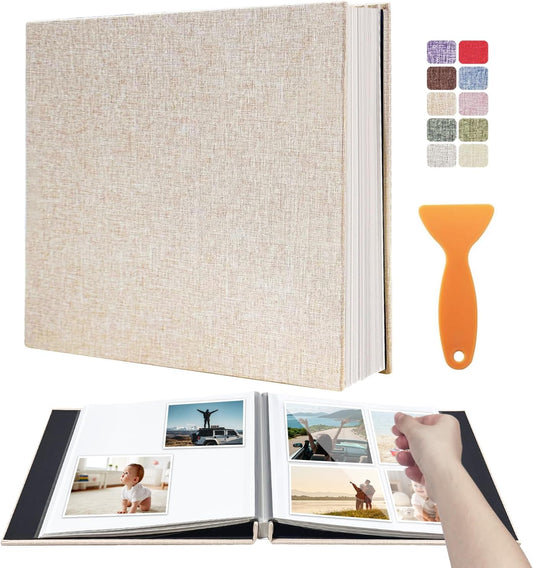 Large Photo Album Self Adhesive Scrapbook Album for 4×6 5×7 8×10 Pictures DIY Magnetic Linen Cover Album 60 Pages for Family Wedding Gifts with Metal Pen and Plastic Board