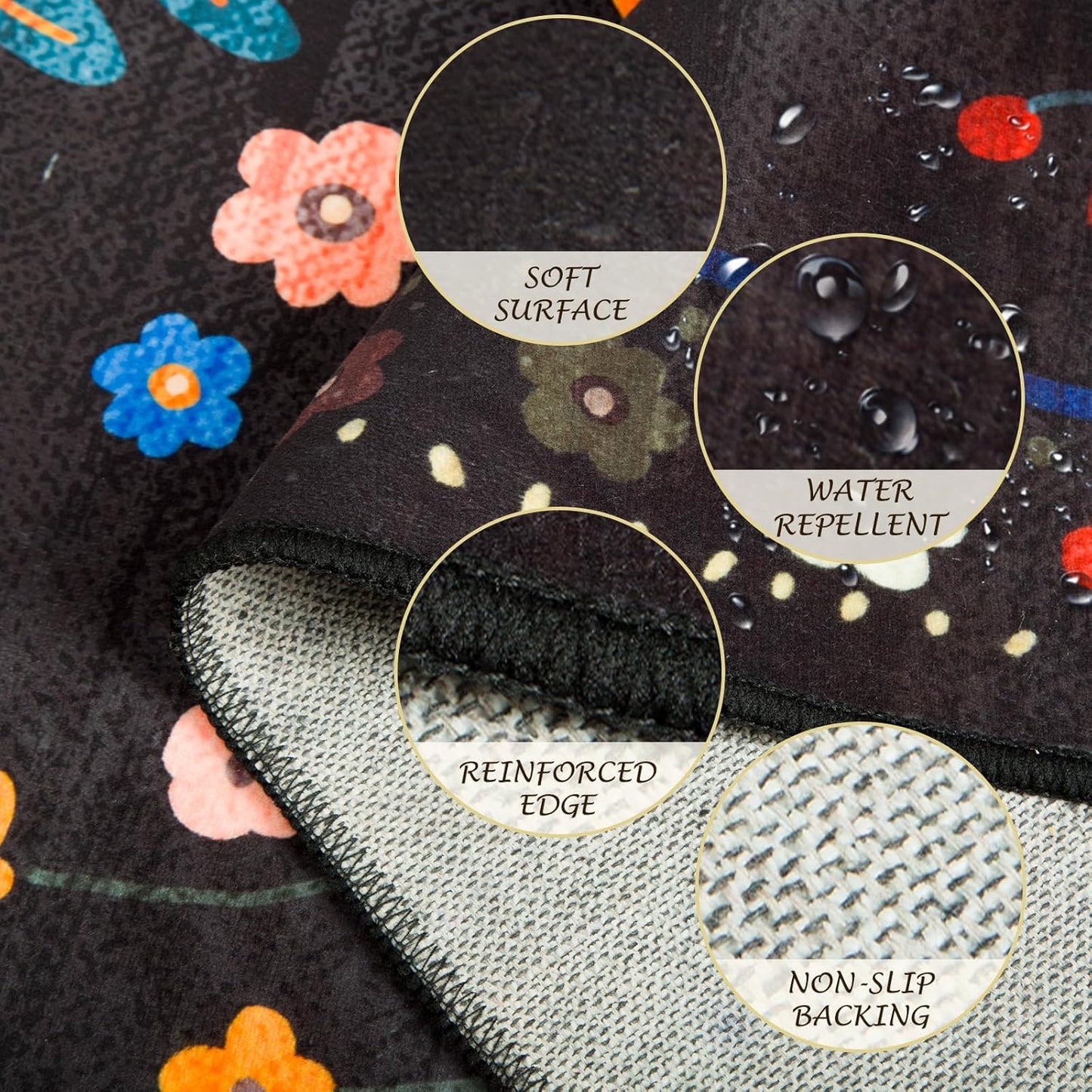 Floral 8ft Area Rug Machine Washable Soft Print Boho Carpet Non Slip Doormat Low Pile Flower Area Rugs for Living Room Bedroom Nursery Kitchen Dining Room Indoor-Black