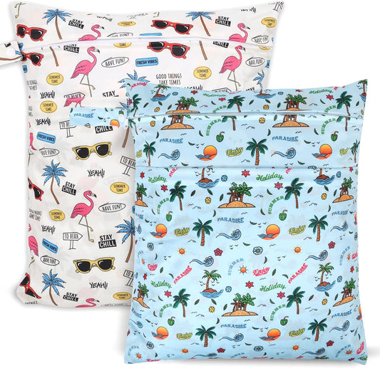 2pcs Travel Waterproof Laundry Bag, Cloth Diaper Wet Dry Bags with Handle & 2 Zipper Pockets, Reusable Washable Dirty Clothes Bag for Baby Adult Travelling Hanging, Bathing Beach Pool Daycare