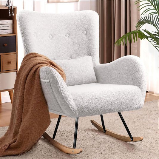 Waleaf Teddy Upholstered Rocking Chair, Indoor Glider with High Backrest, Padded Seat Nursing Chair for Bedroom (Ivory)