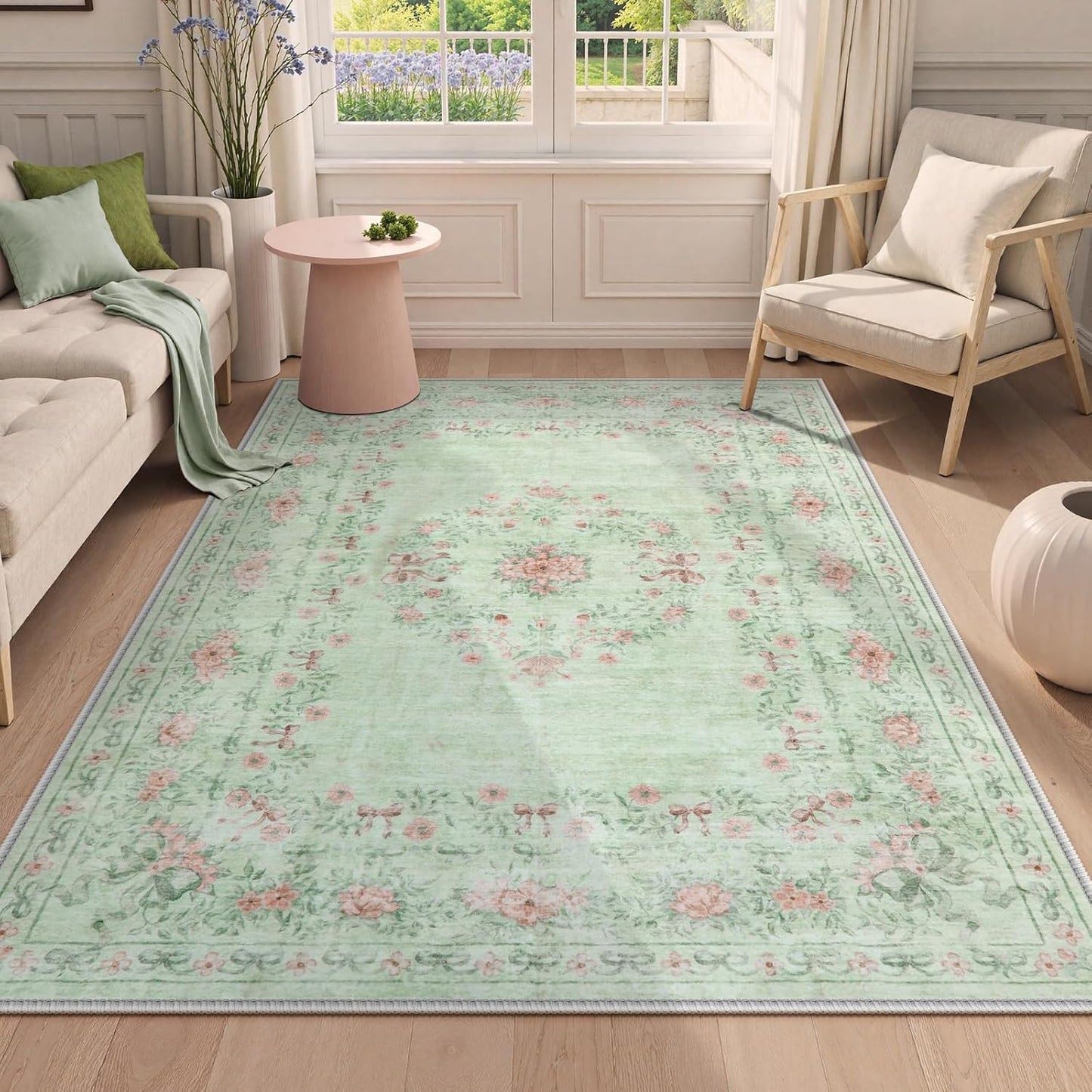 Wonnitar Floral Bow Print Washable Rugs 5x7, Sage Green Rug for Living Room, Ultra-Thin Non Slip Soft Boho Carpet for Dining Room Bedroom Kid Room Playroom, Light Green