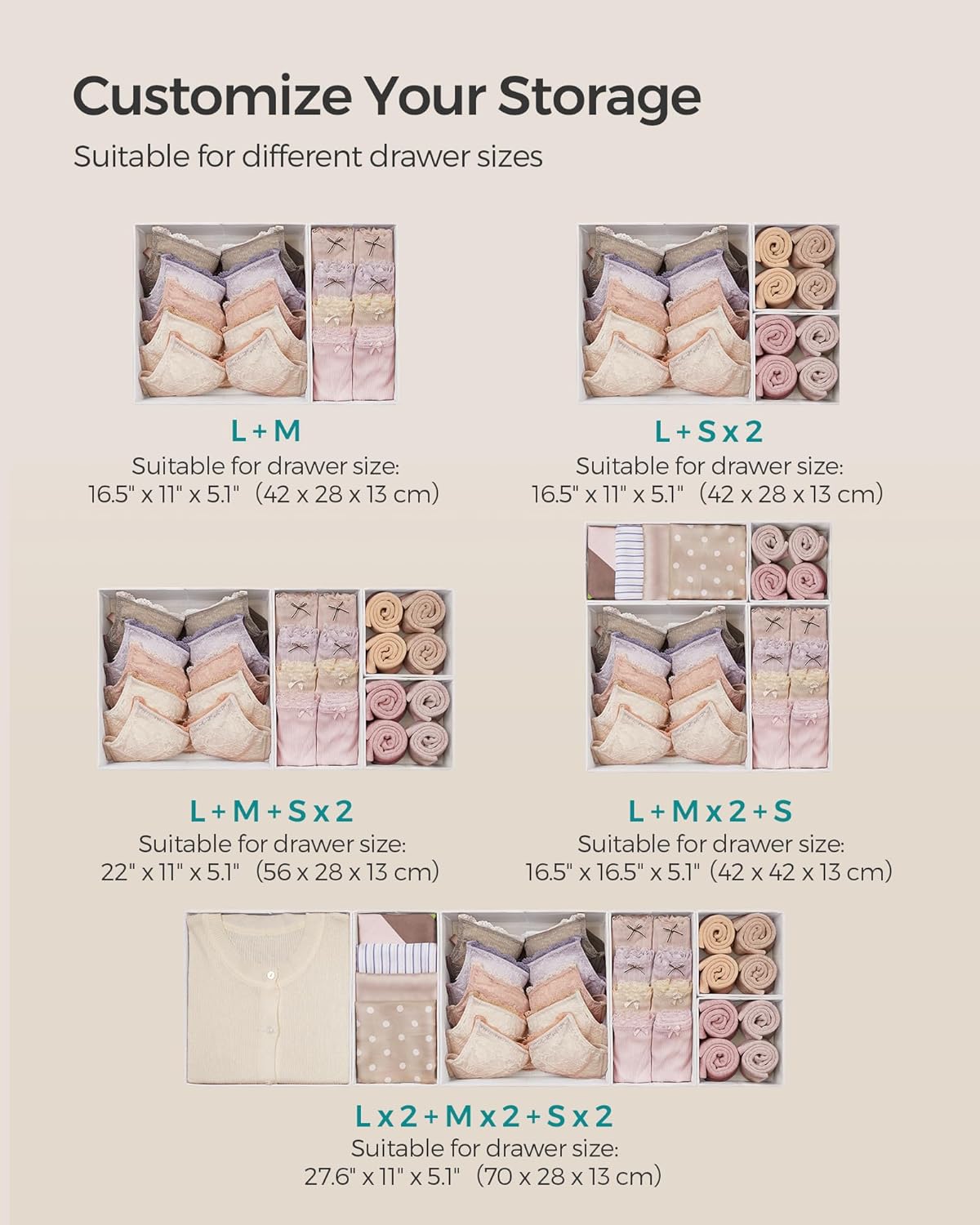 SONGMICS Drawer Organizer,Dresser Drawer Organizers, Set of 12, Foldable Fabric Storage Bins for Socks, Underwear, Bras, Ties, Scarves, Cloud White URDZ006W02