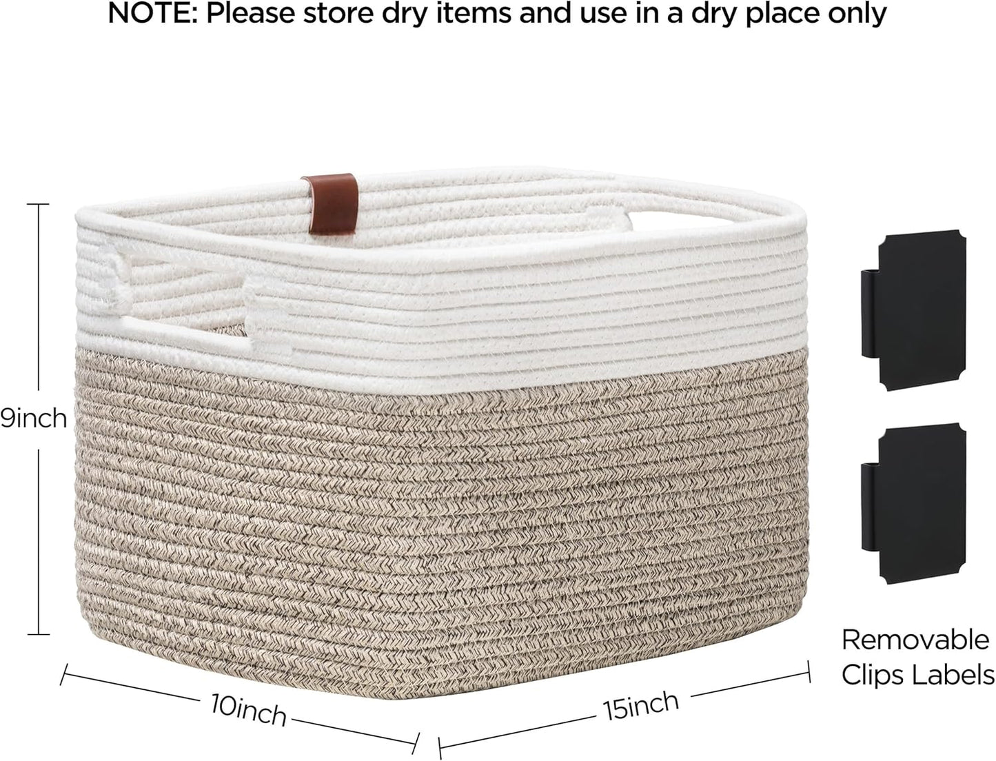 UBBCARE 2 Pack Baskets for Organizing, Woven Storage Baskets with Label for Toys and Towel, Rectangle Cotton Rope Basket with Handles, 15''L x10''W x9''H, White&Brown