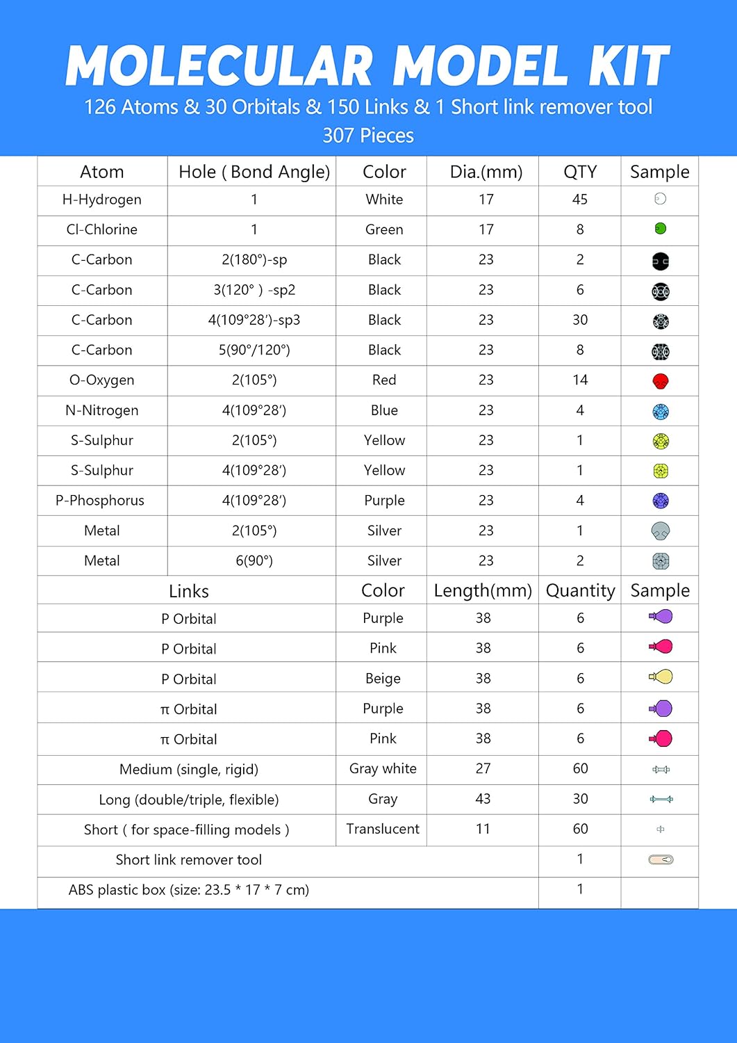 Swpeet 307 Pcs Molecular Model Kit for Organic and Inorganic Chemistry - Chemistry Molecular Model Student and Teacher Set - 126 Atoms & 30 Orbitals & 150 Links & 1 Short Link Remover Tool