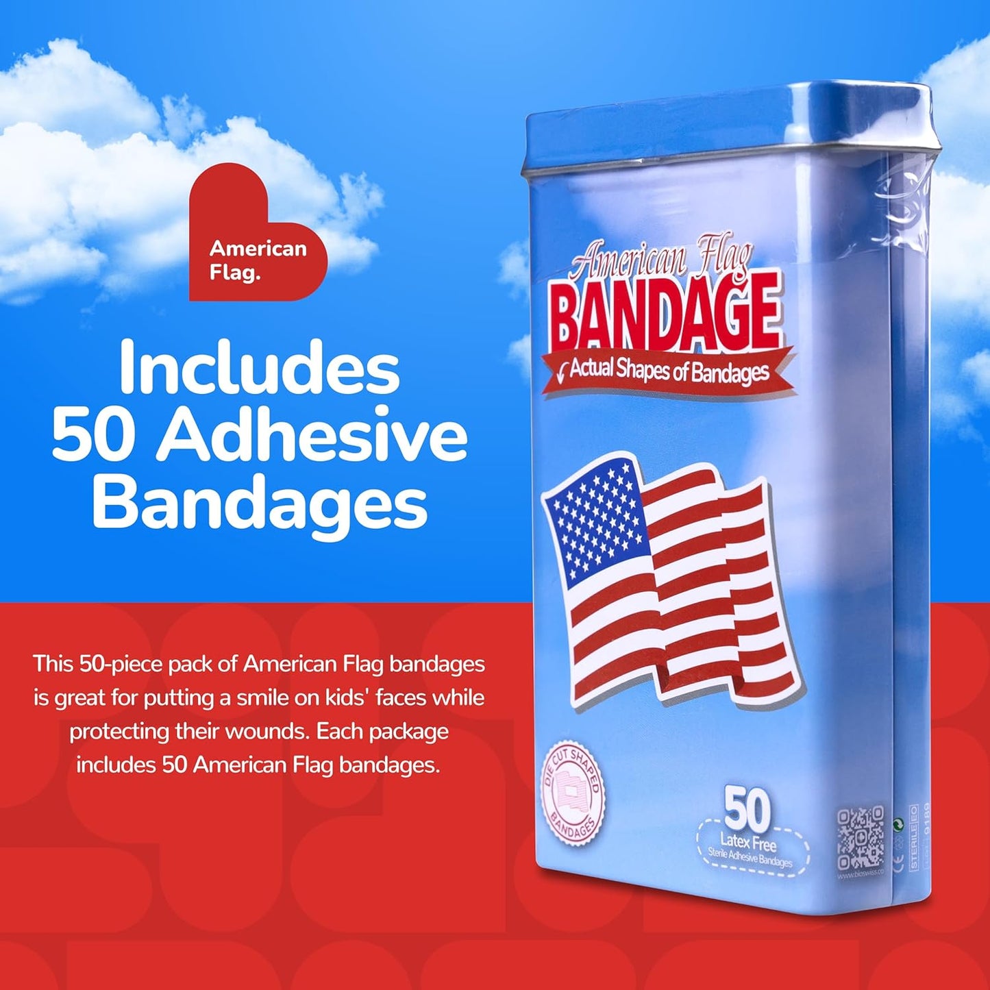 BioSwiss Bandages, American Flag Shaped Self Adhesive Bandage, Latex Free Wound Care, Fun First Aid Kit Supplies for Kids and Adults, 50 Count