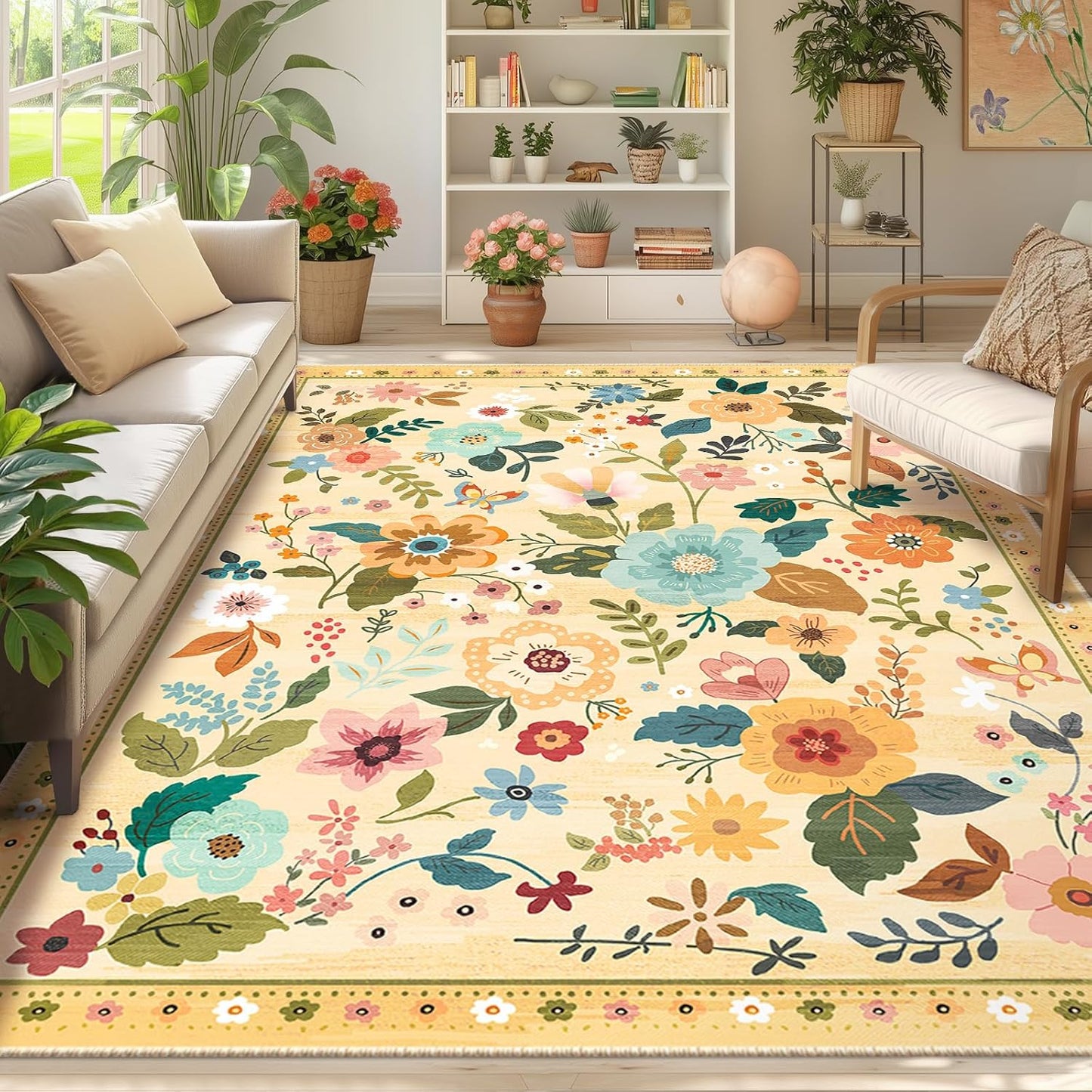 Floral 8x10 Area Rug Machine Washable Soft Print Boho Carpet Non Slip Doormat Low Pile Flower Area Rugs for Living Room Bedroom Nursery Kitchen Dining Room Indoor-Ivory/Yellow