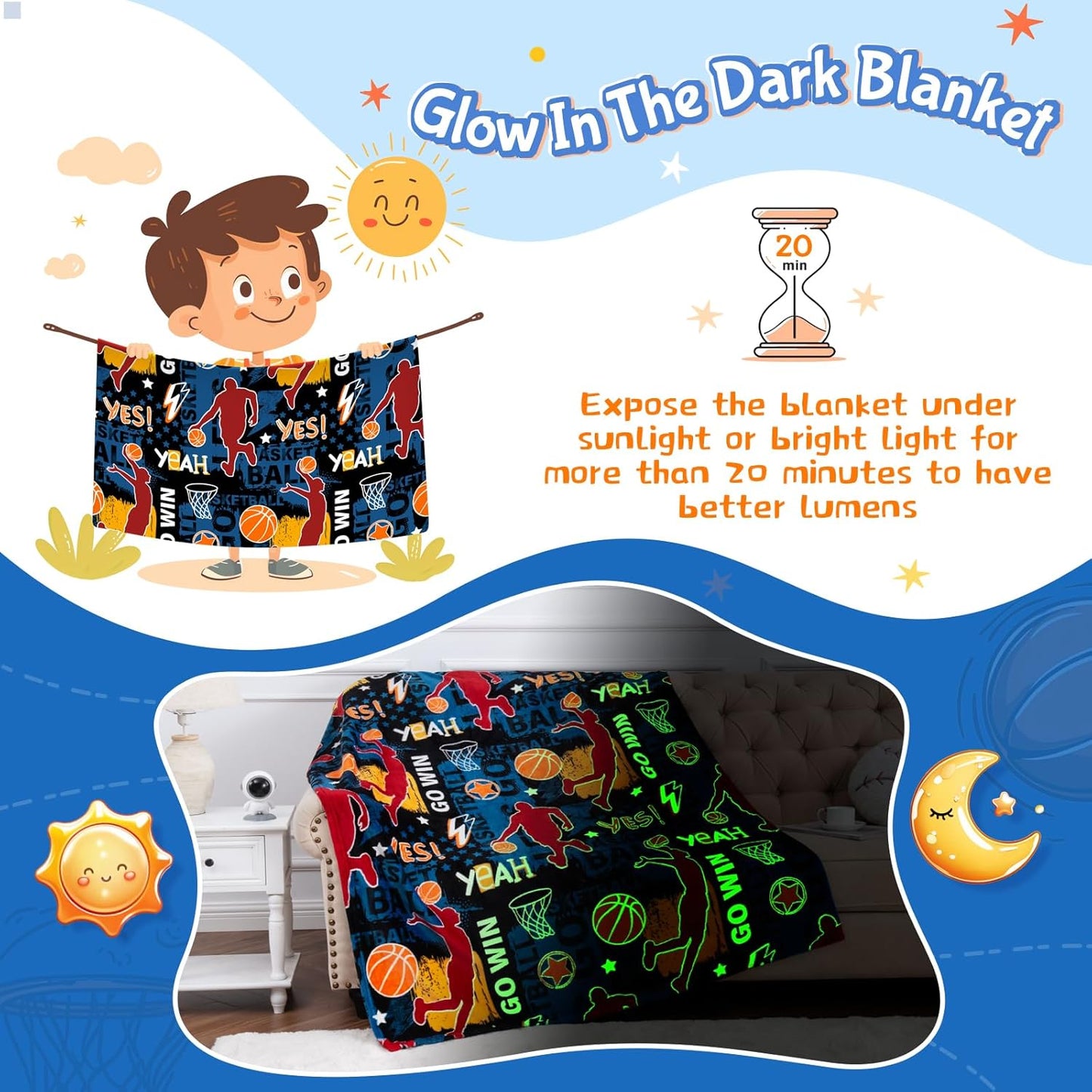 Glow in The Dark Basketball Blankets, Sport Throw Blanket Gifts Toys for Kids Boys, Soft Glowing Bed Blanket Room Decor Present for Girls Teenagers 2 3 4 5 6 7 8 9 10 Years Old, 60"x50"