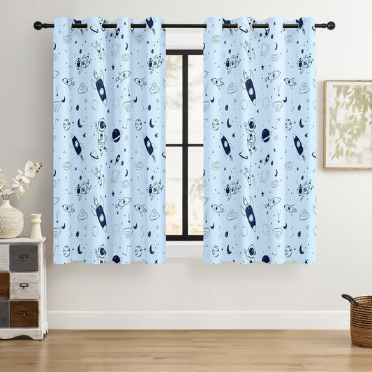 Kids Space Rocket and Astronaut Blackout Curtains - 100% Blackout, Thermal Insulated, Noise Reducing, Perfect for Kids Room and Nursery, 2 Panels (Sky-Blue Space Doodles, W52×L63)