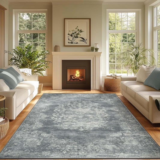 jinchan Washable Area Rug 6x9 for Living Room - Soft Faux Wool Ultra-Thin Stain Resistant Non-Slip Distressed Vintage Floral Rug Large Carpet for Bedroom,Dining Room,Home Office,Nursery(Grey, 6'x9')