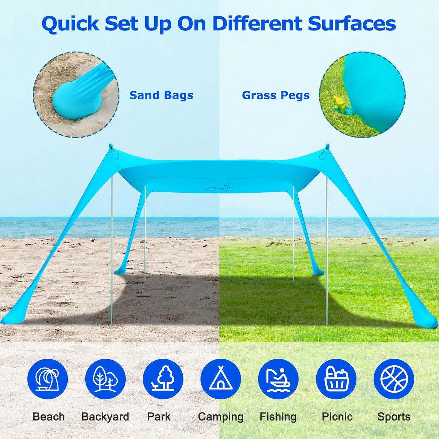 COMMOUDS Beach Tent Sun Shelter - UPF50+ Pop Up Beach Canopy with Sandbags & Sand Shovel & Windproof Poles, Portable Sun Shade for Beach, Camping, Picnics, Backyard