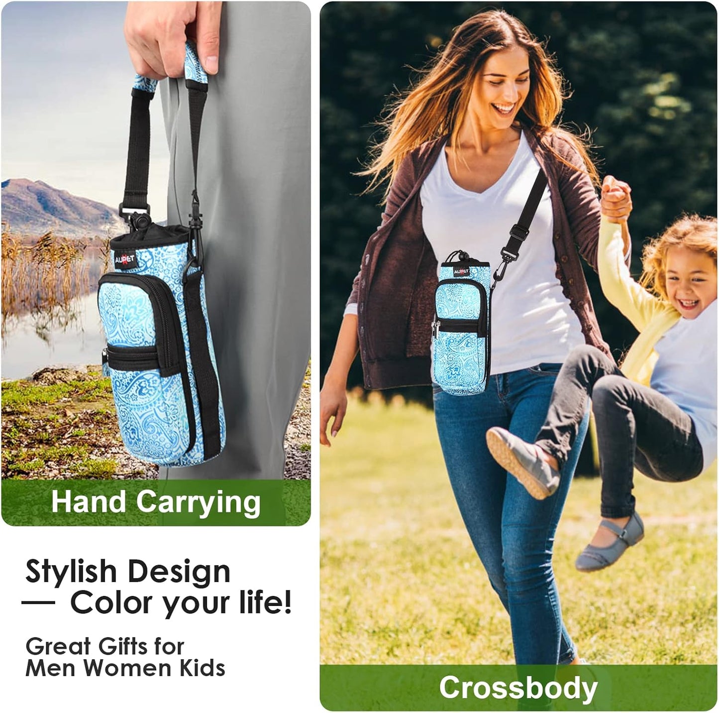 AUPET Water Bottle Sling Bag Sleeve Holder Carrier 25/32/40/64 oz,Insulated Crossbody Water Bottle Case Cover with Strap and Pockets for Men/Women Walking Hiking