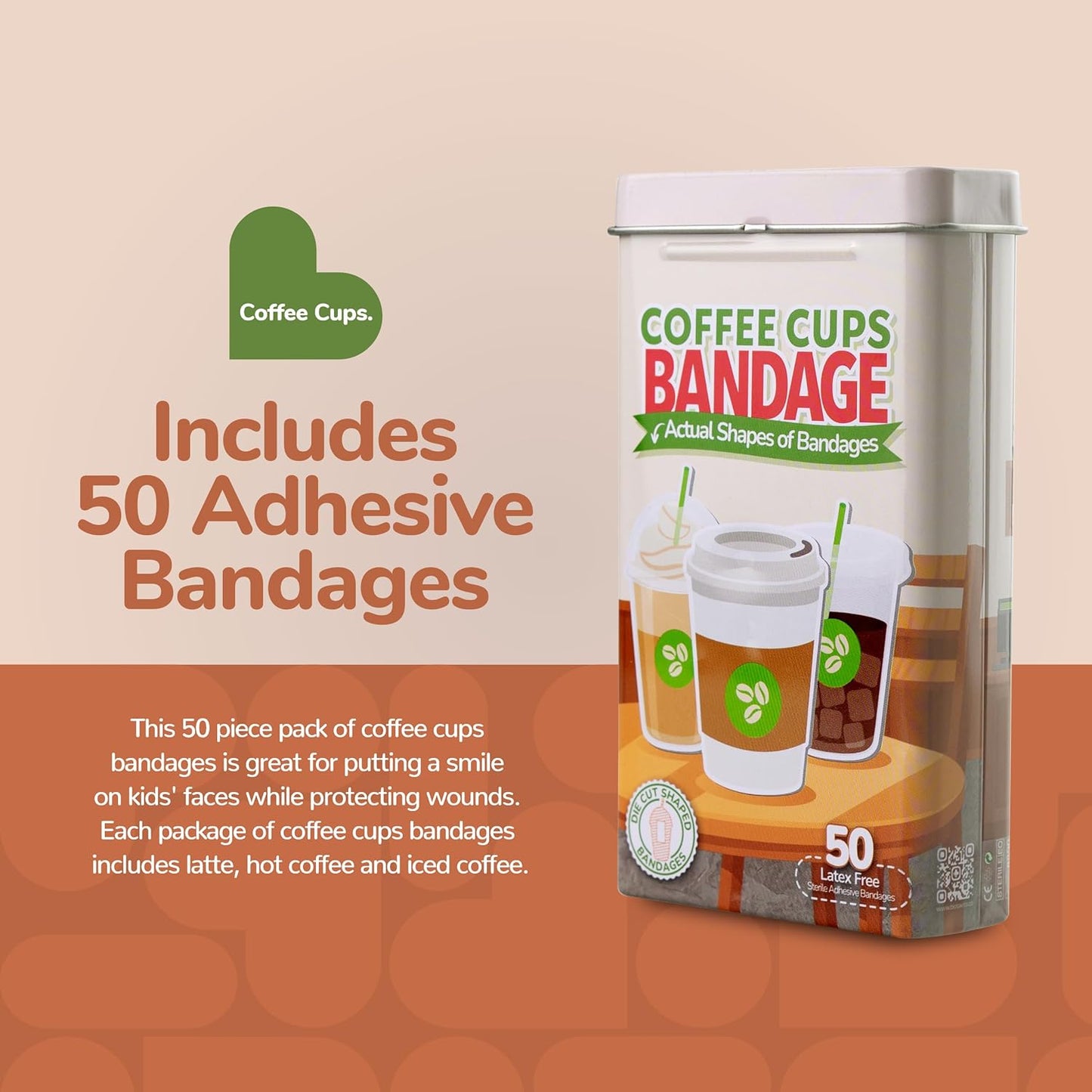 BioSwiss Bandages, Coffee Cup Shaped Self Adhesive Bandage, Latex Free Sterile Wound Care, Fun First Aid Kit Supplies for Kids, 50 Count