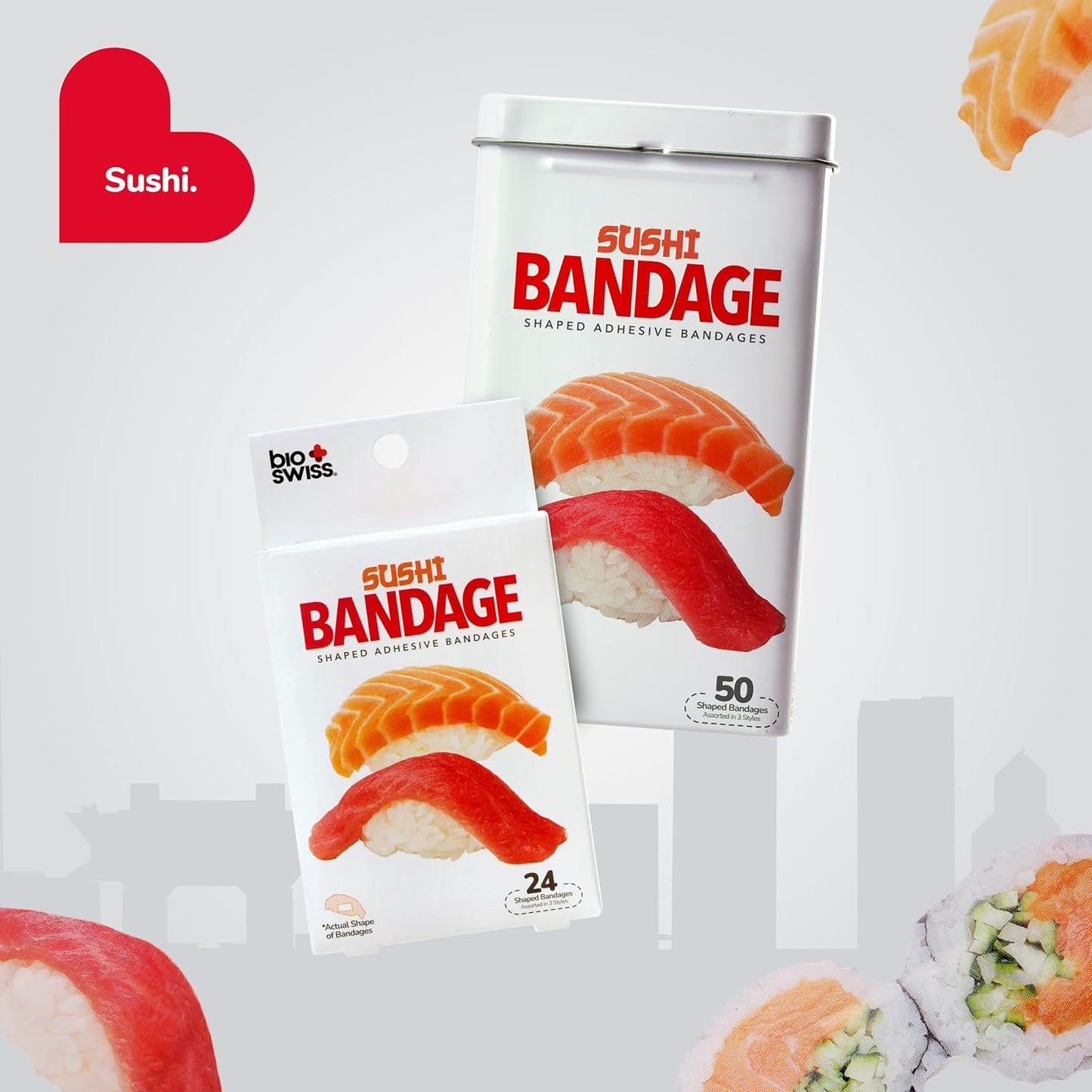 BioSwiss Bandages, Sushi Shaped Self Adhesive Bandage, Latex Free Sterile Wound Care, Fun First Aid Kit Supplies for Kids and Adults, 24 Count